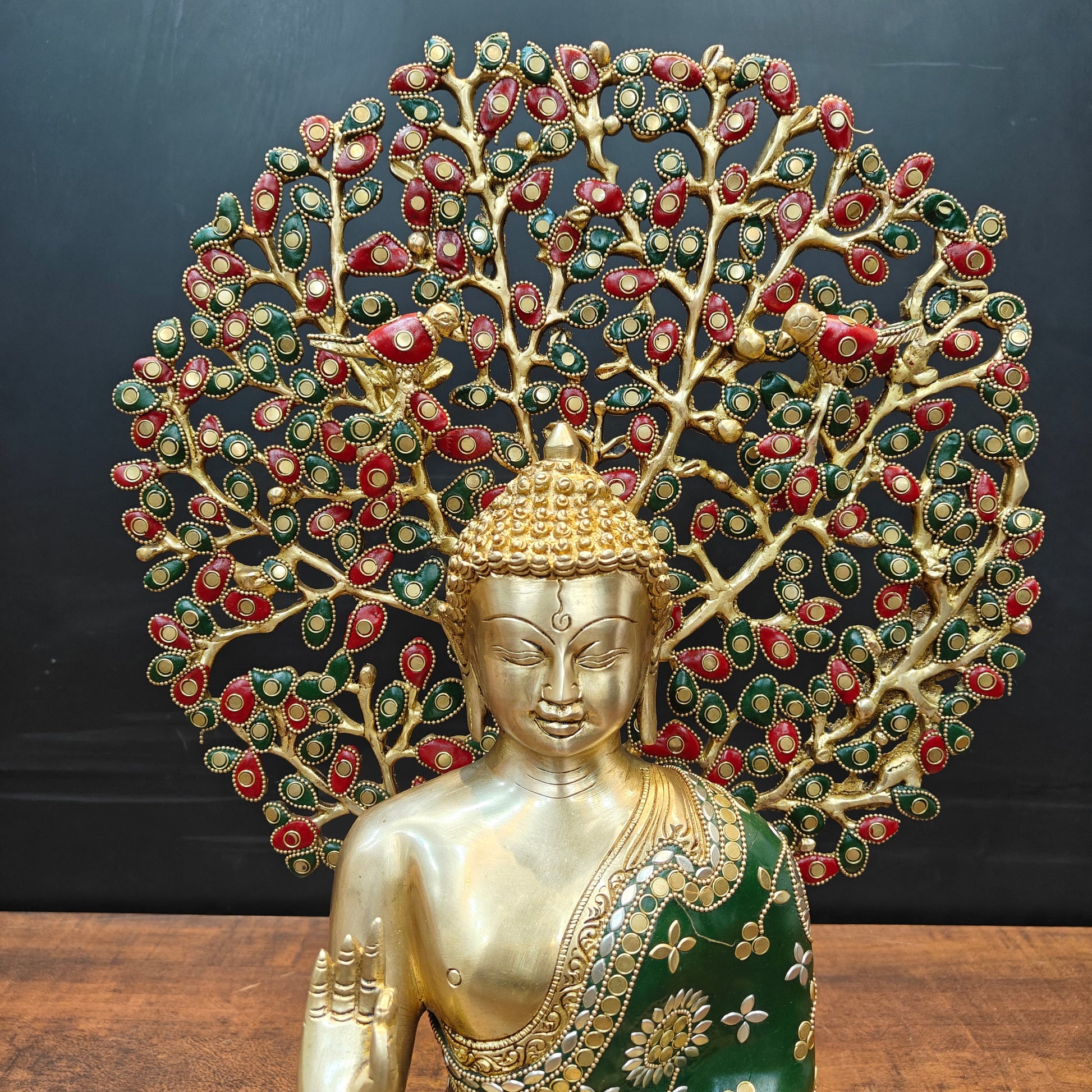 Brass Buddha Statue With Bodhi Tree stone Work 22 Inch - Image 4