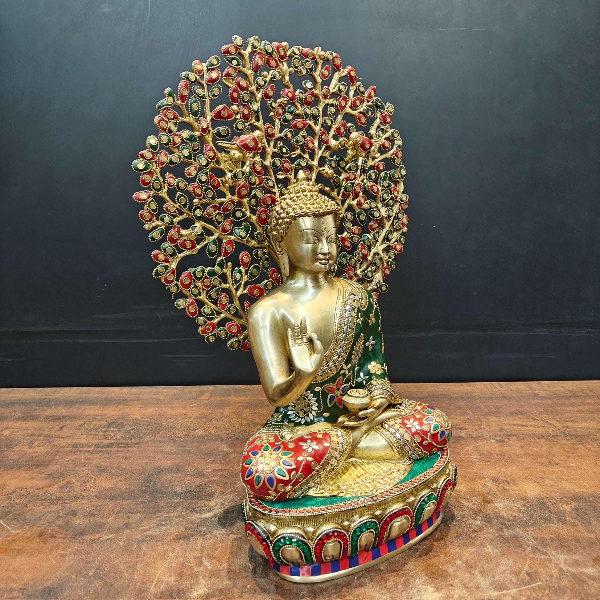 Brass Buddha Statue With Bodhi Tree stone Work 22 Inch - Image 5