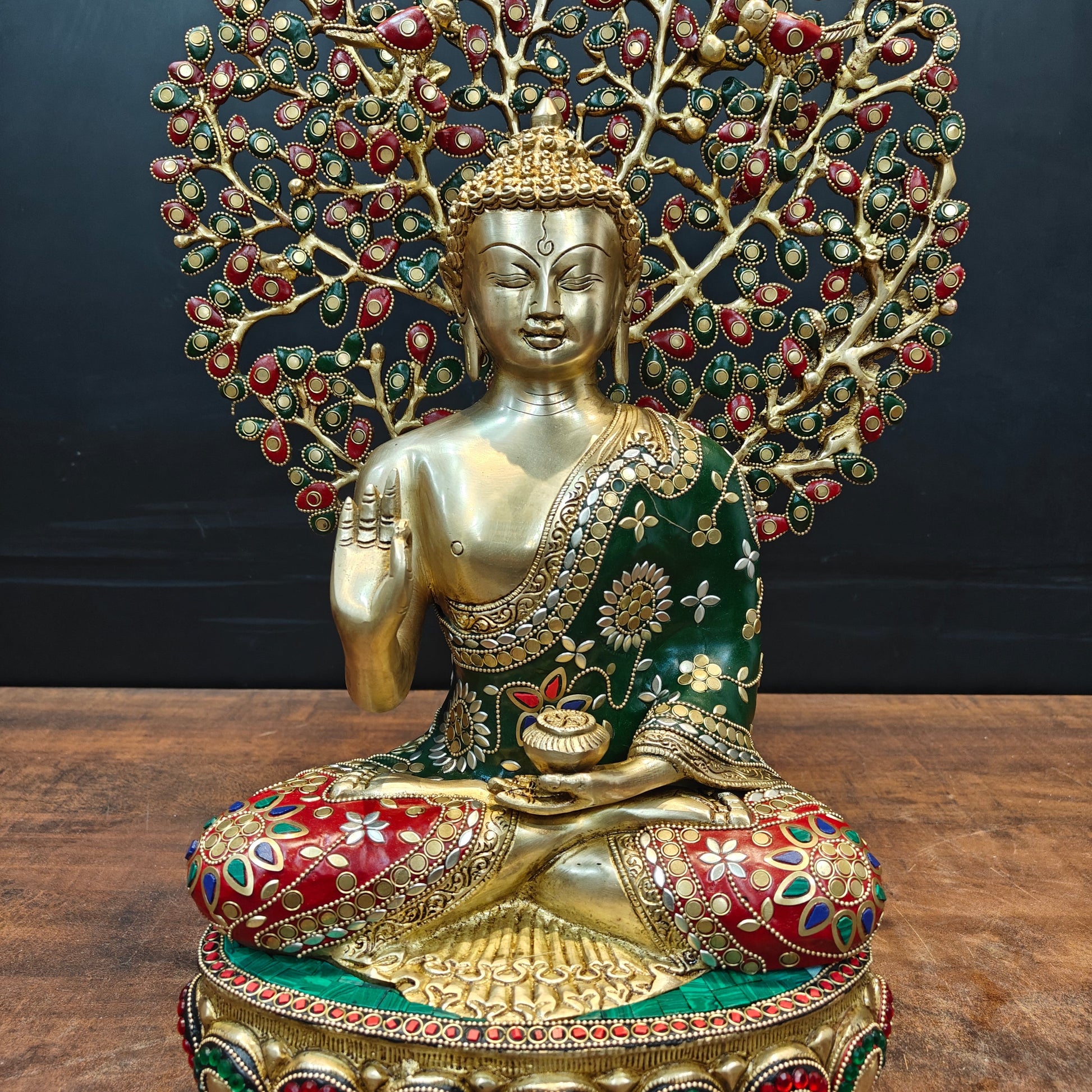 Brass Buddha Statue With Bodhi Tree stone Work 22 Inch - Image 6