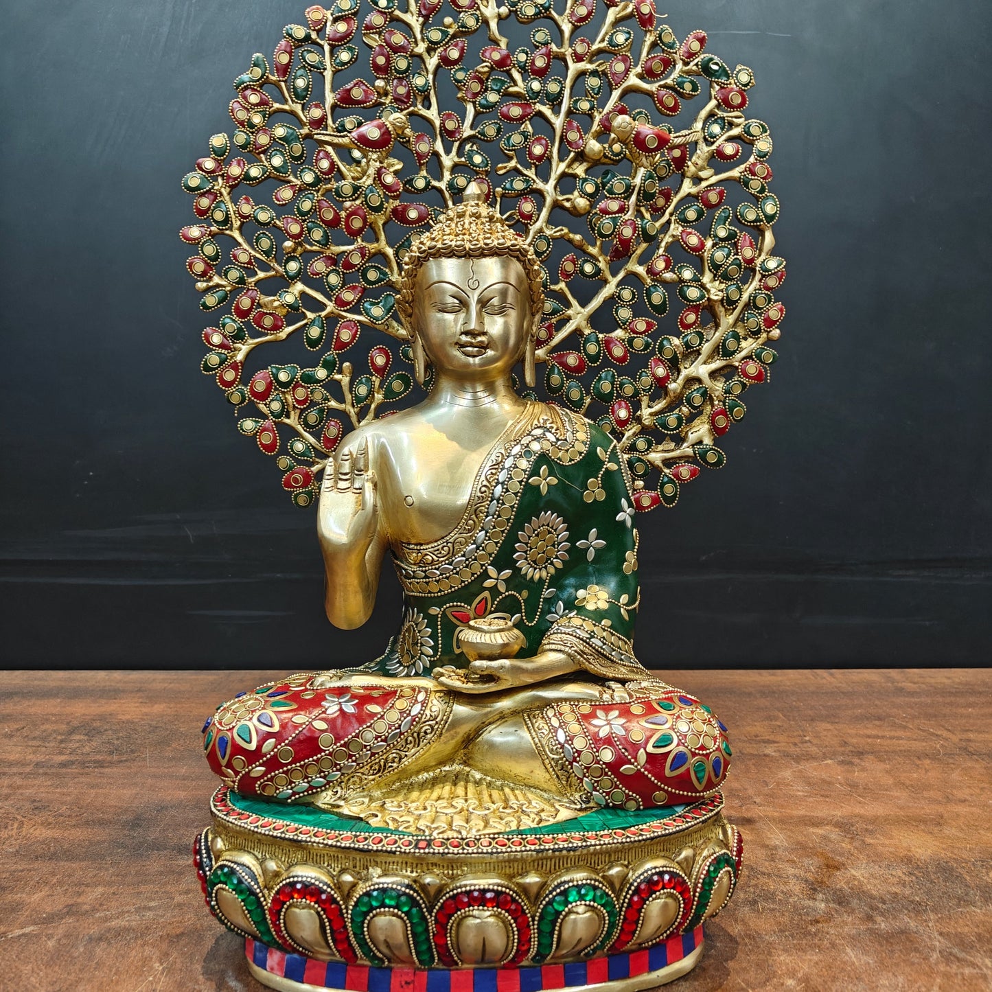 Brass Buddha Statue With Bodhi Tree stone Work 22 Inch
