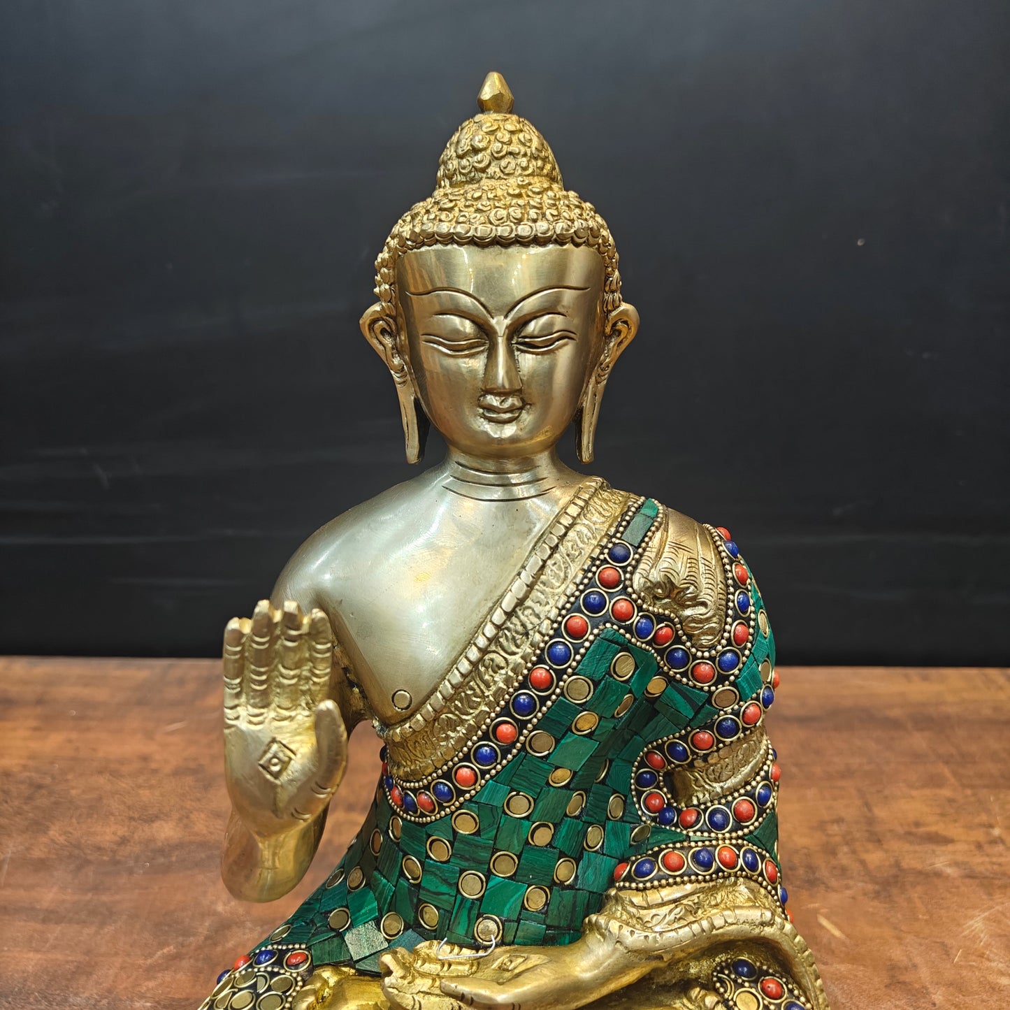 Brass Blessing Buddha Statue With Stone Work 13 Inch
