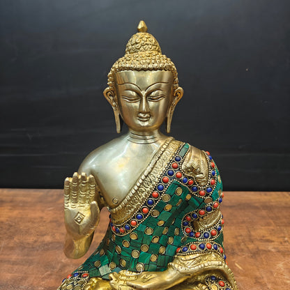 Brass Blessing Buddha Statue With Stone Work 13 Inch by vendor-unknown - Buddha (View 2)