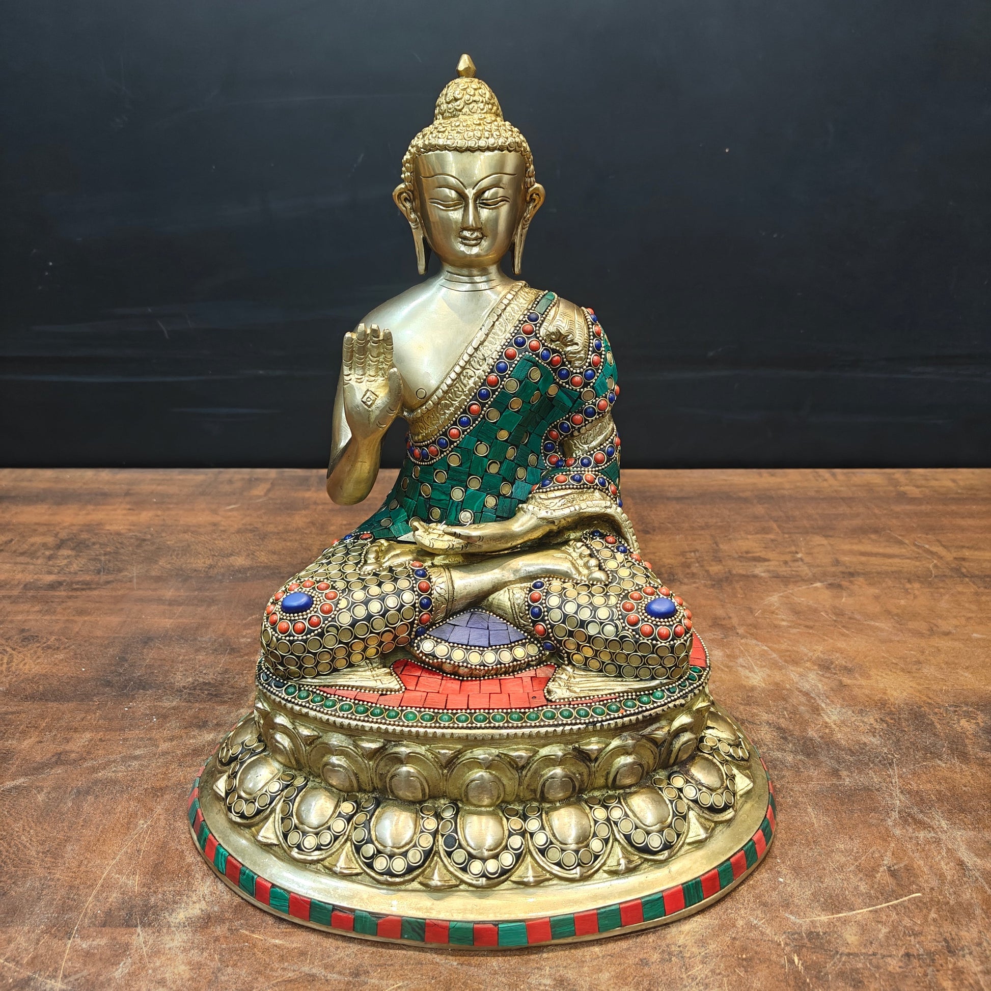 Brass Blessing Buddha Statue With Stone Work 13 Inch - Image 3