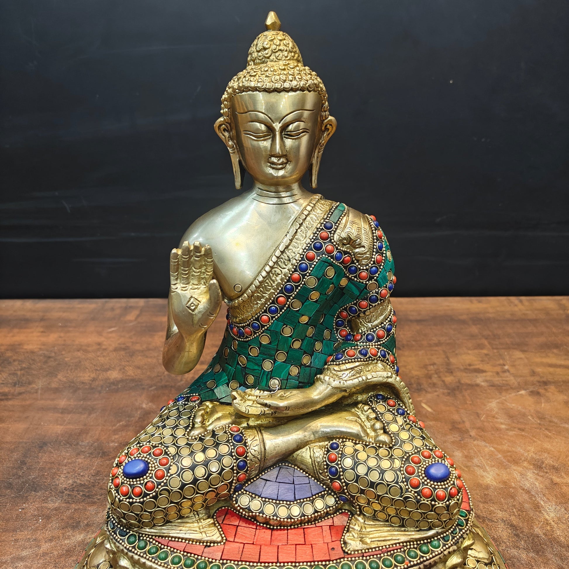 Brass Blessing Buddha Statue With Stone Work 13 Inch - Image 4