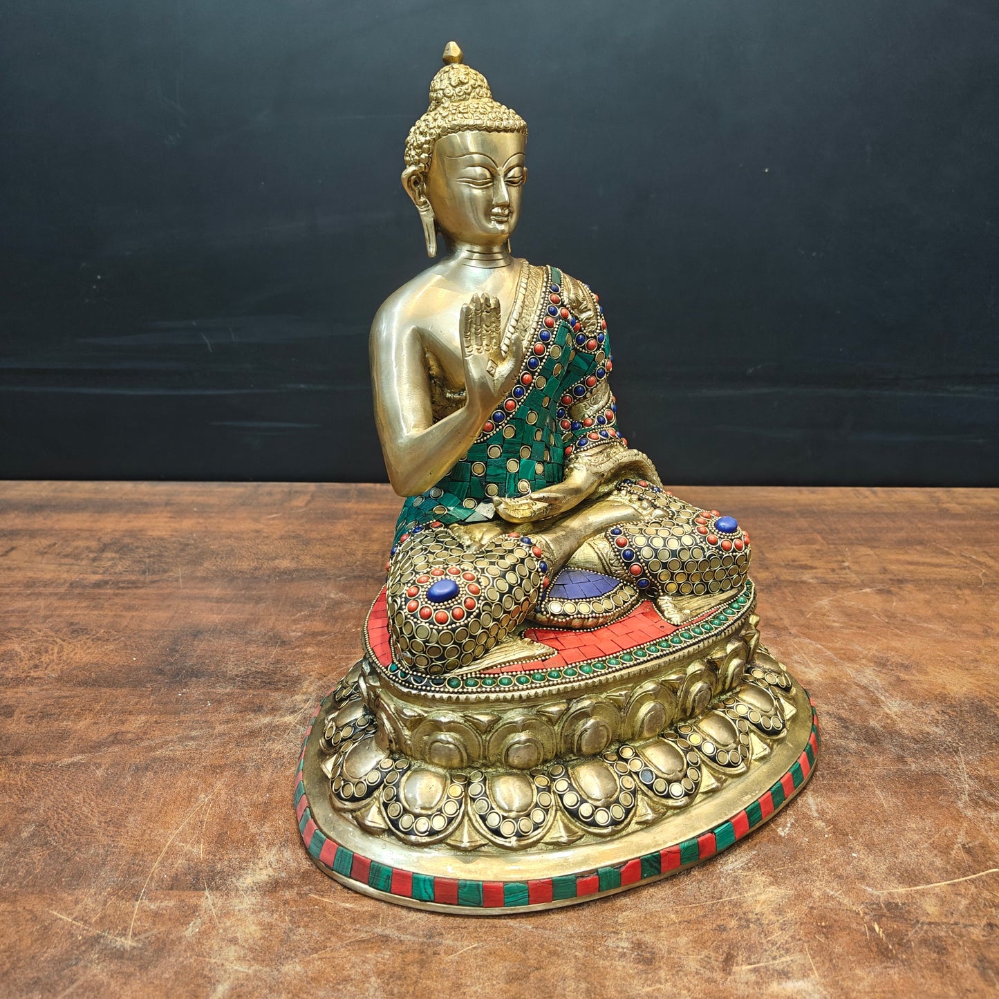 Brass Blessing Buddha Statue With Stone Work 13 Inch