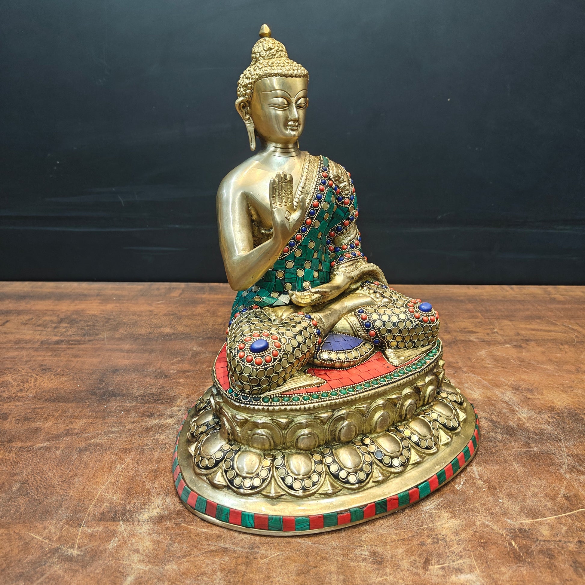 Brass Blessing Buddha Statue With Stone Work 13 Inch - Image 5