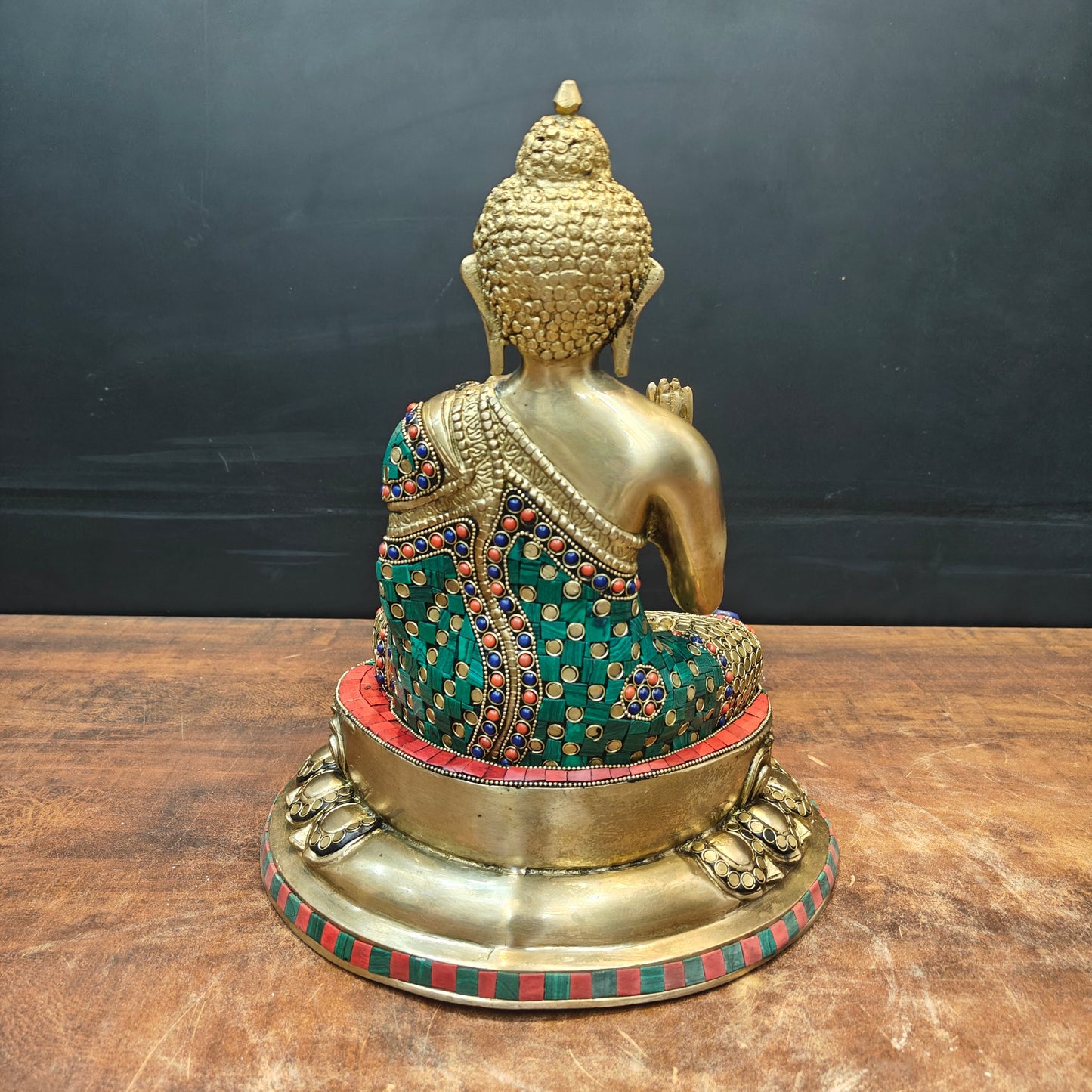 Brass Blessing Buddha Statue With Stone Work 13 Inch