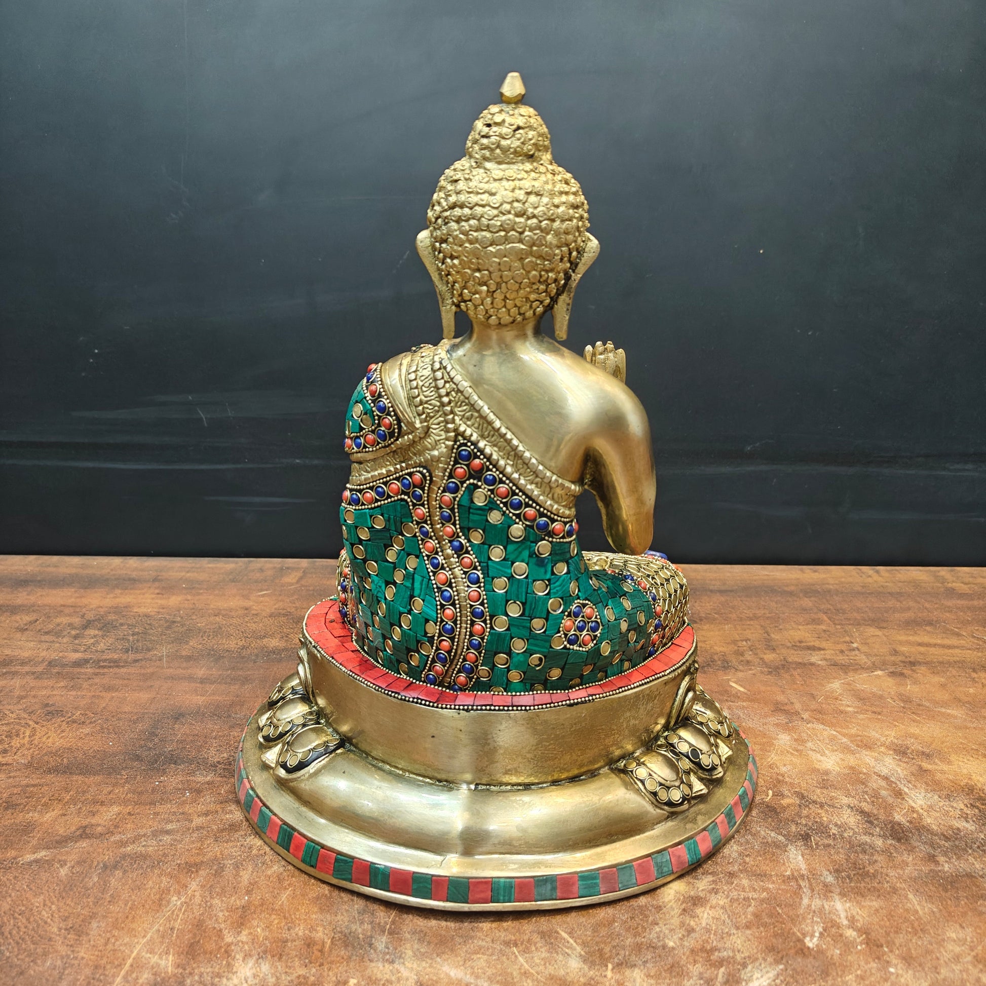 Brass Blessing Buddha Statue With Stone Work 13 Inch - Image 6