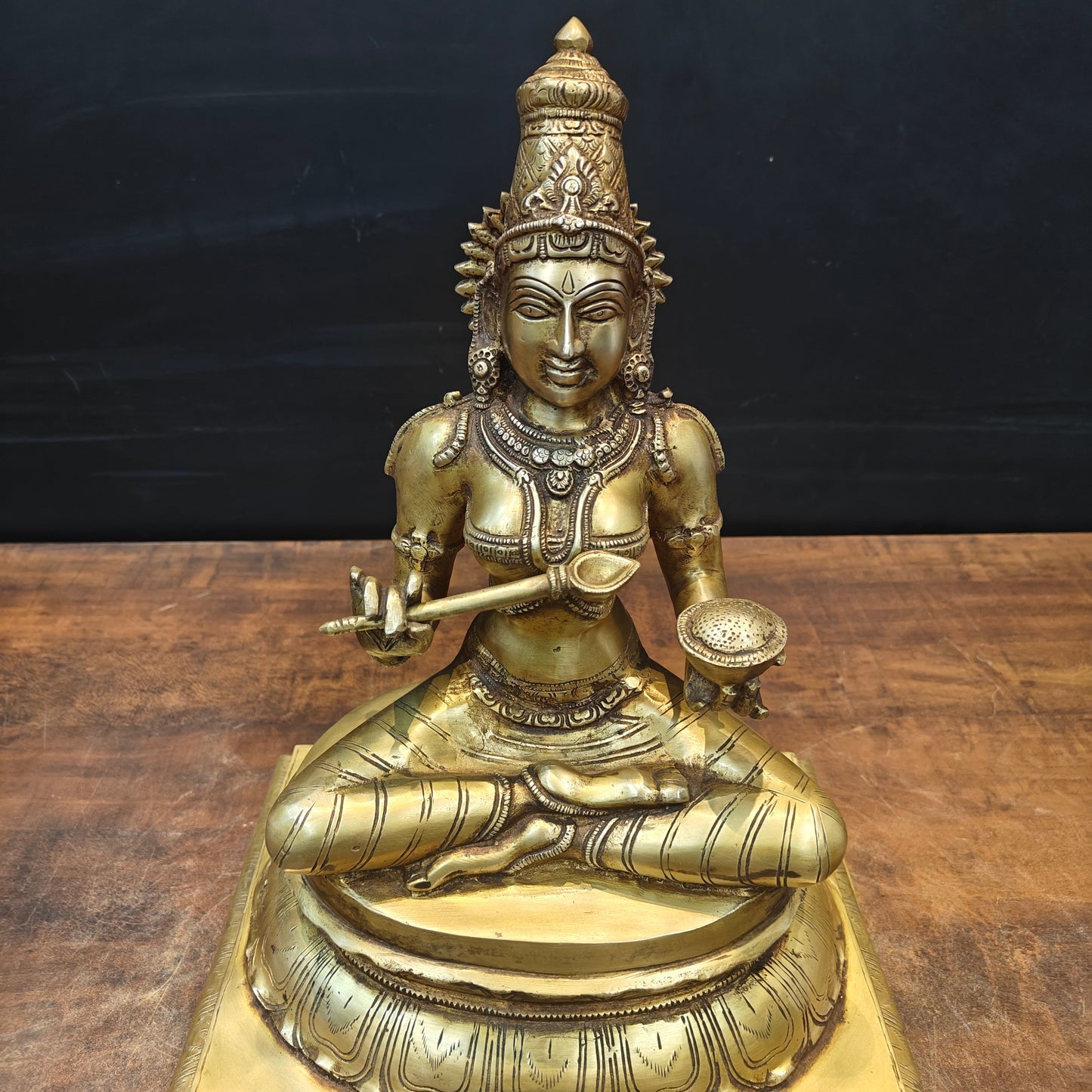 Brass Hindu Goddess Annapurna Maa Idol Seated on Pedestal 16 Inches