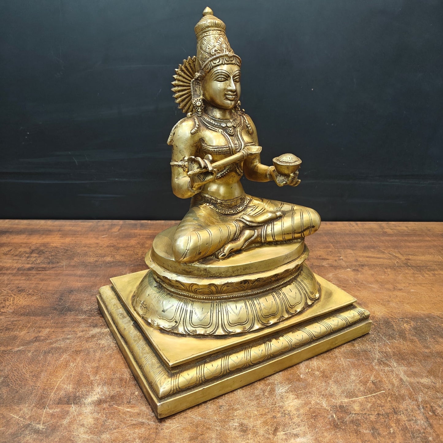 Brass Hindu Goddess Annapurna Maa Idol Seated on Pedestal 16 Inches