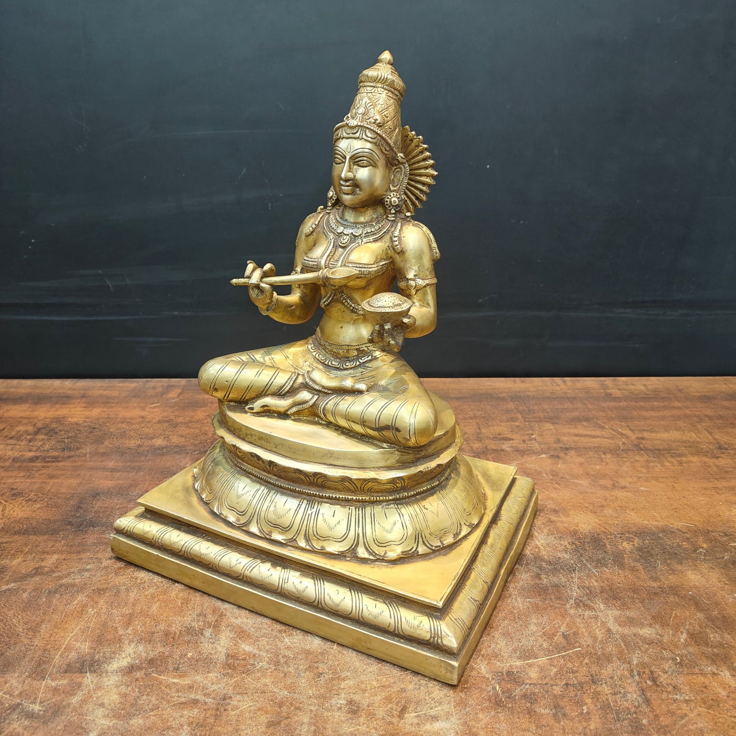 Brass Hindu Goddess Annapurna Maa Idol Seated on Pedestal 16 Inches