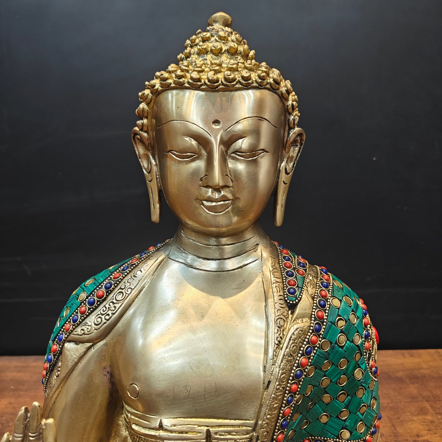 Brass Lord Buddha Statue In Blessing Mudra With Stone Work 16 Inch