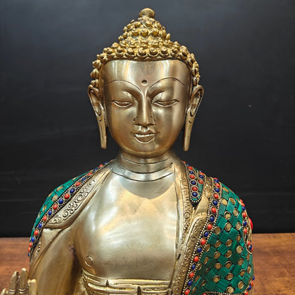 Brass Lord Buddha Statue In Blessing Mudra With Stone Work 16 Inch by vendor-unknown - Buddha (View 2)