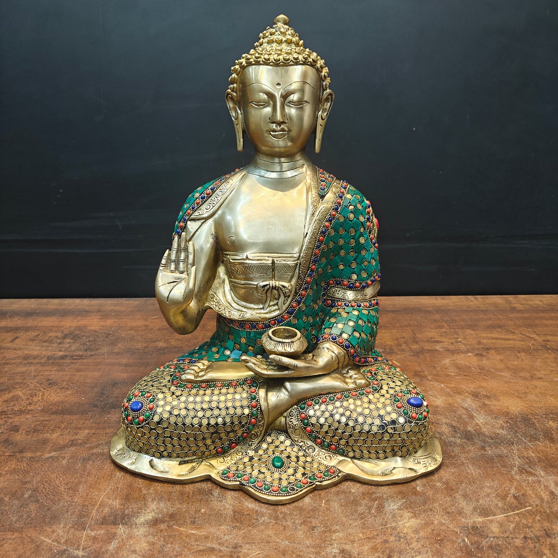 Brass Lord Buddha Statue In Blessing Mudra With Stone Work 16 Inch - Image 3