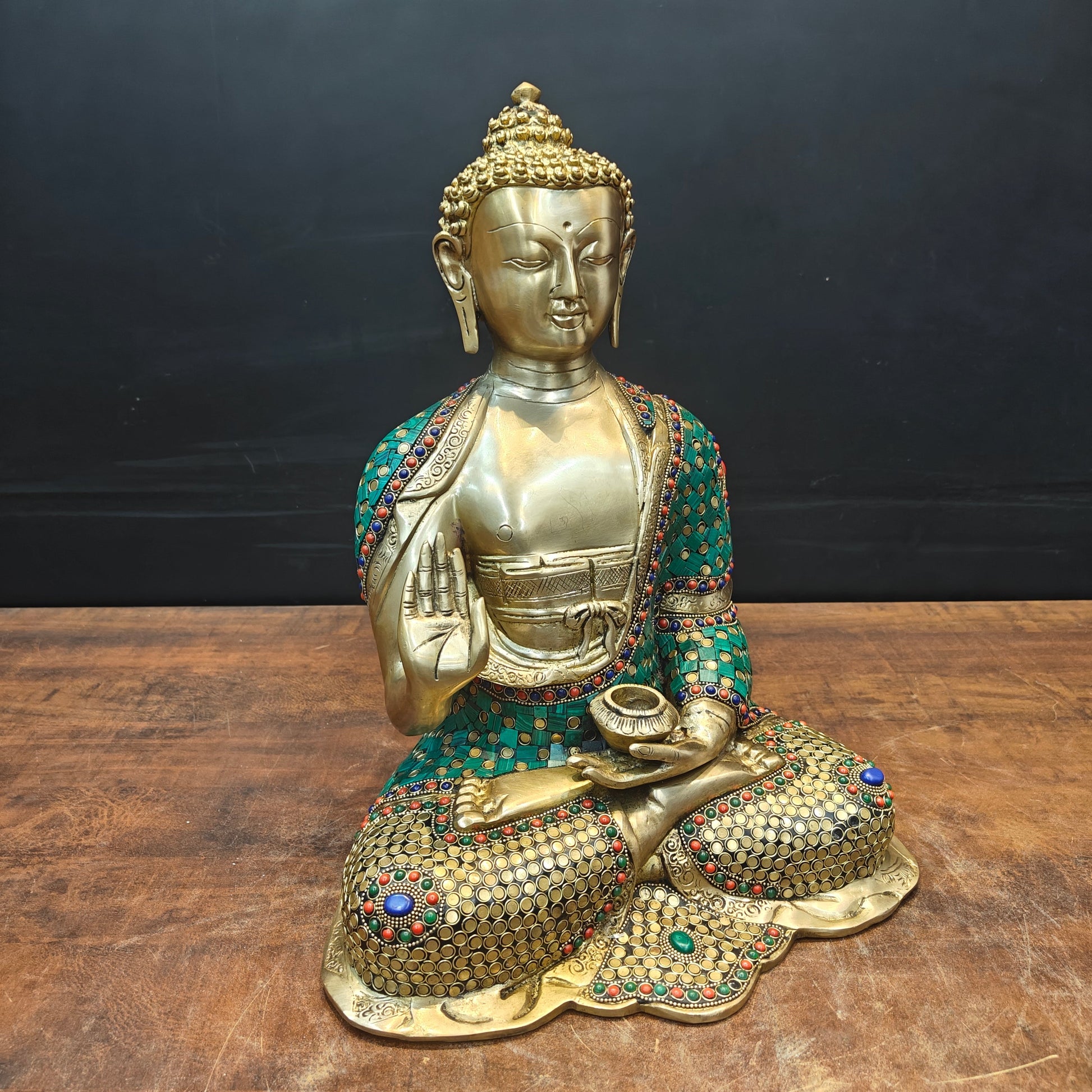 Brass Lord Buddha Statue In Blessing Mudra With Stone Work 16 Inch - Image 4