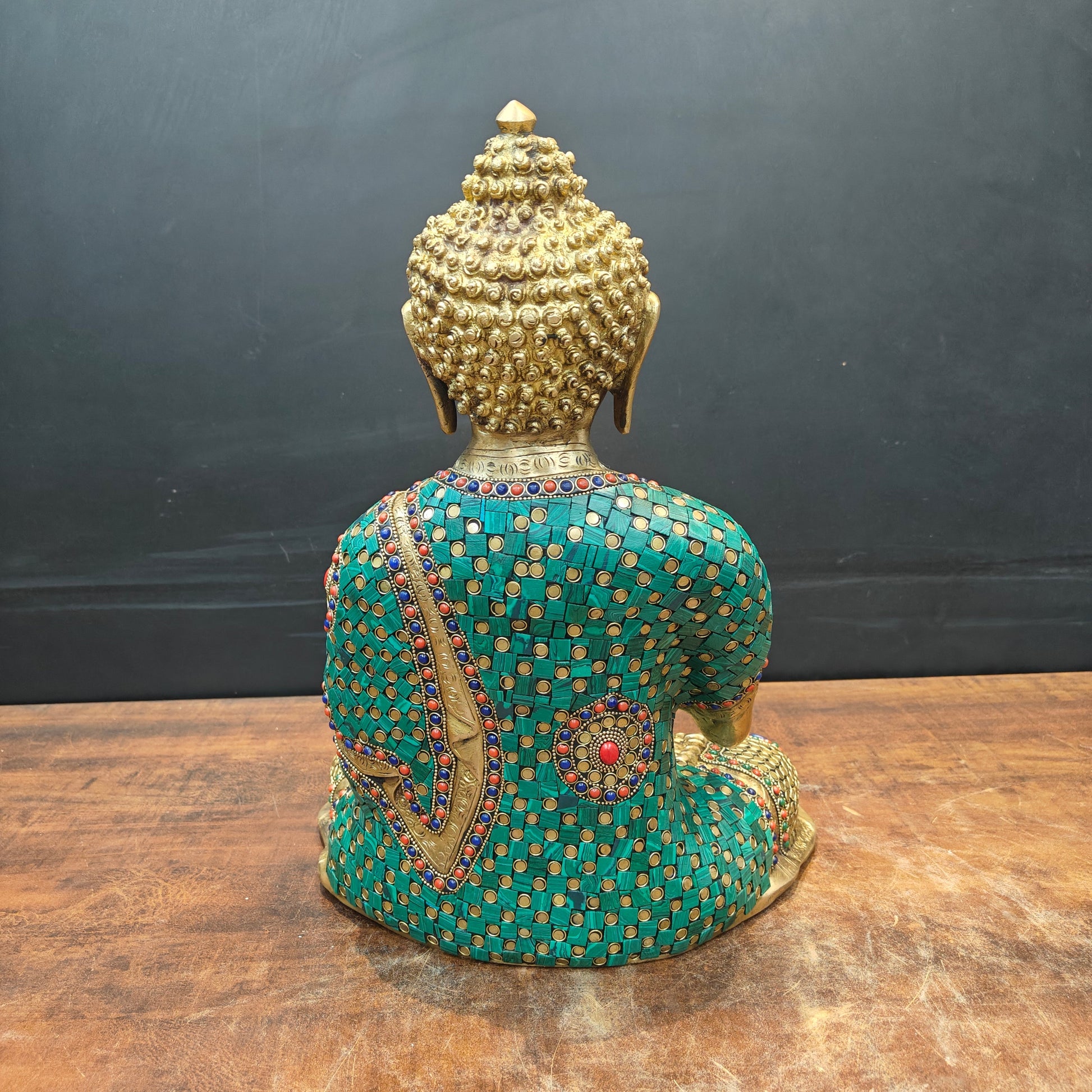 Brass Lord Buddha Statue In Blessing Mudra With Stone Work 16 Inch - Image 5