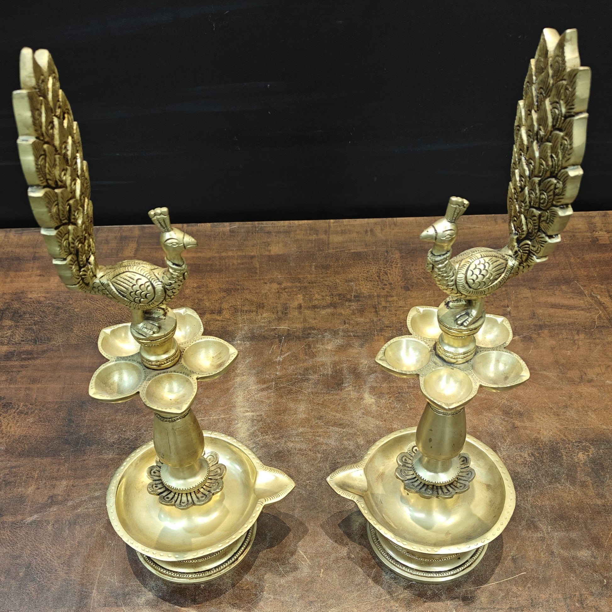 Brass Peacock Lamp Diya Pair Vilakku 17 Inches - Image 2