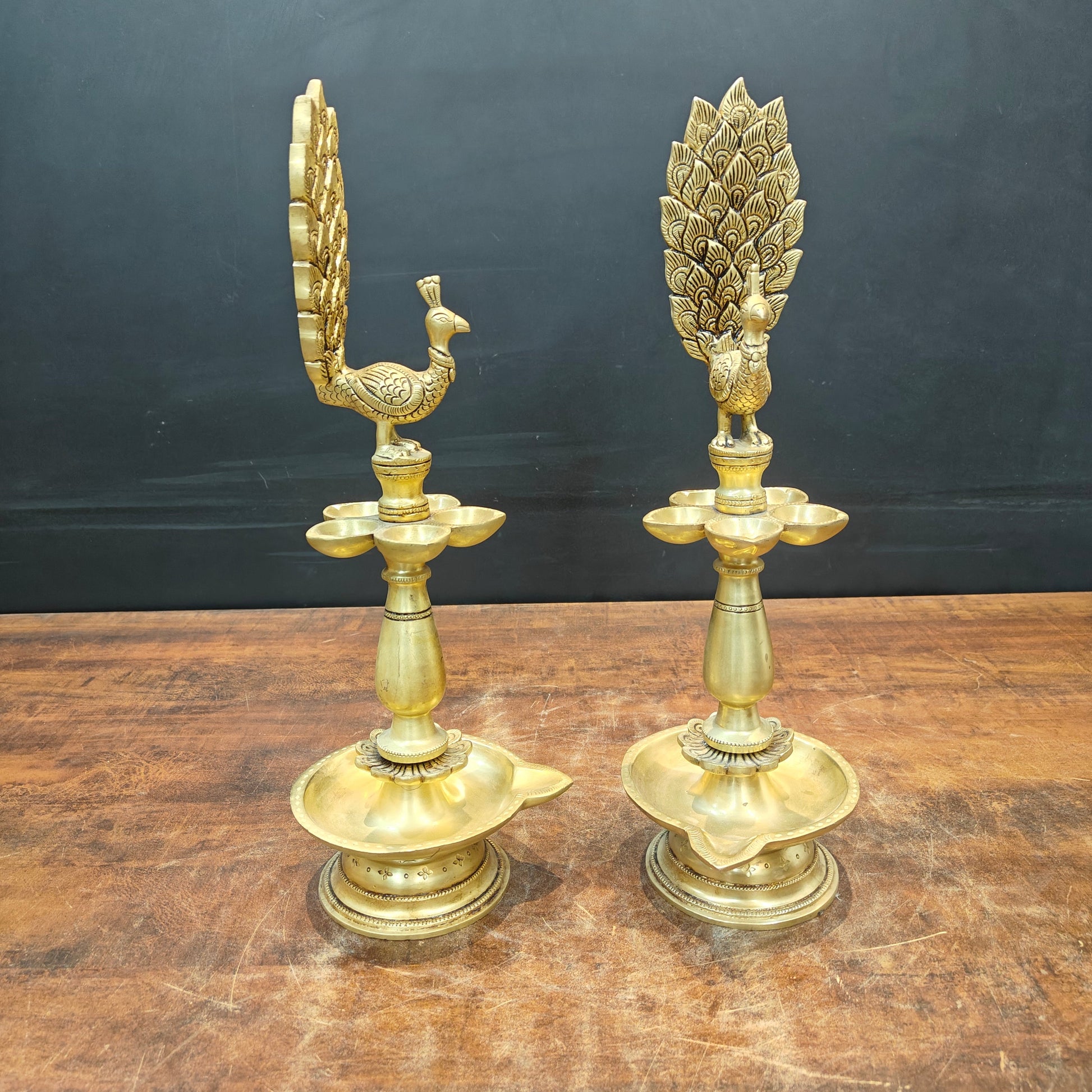 Brass Peacock Lamp Diya Pair Vilakku 17 Inches - Image 4