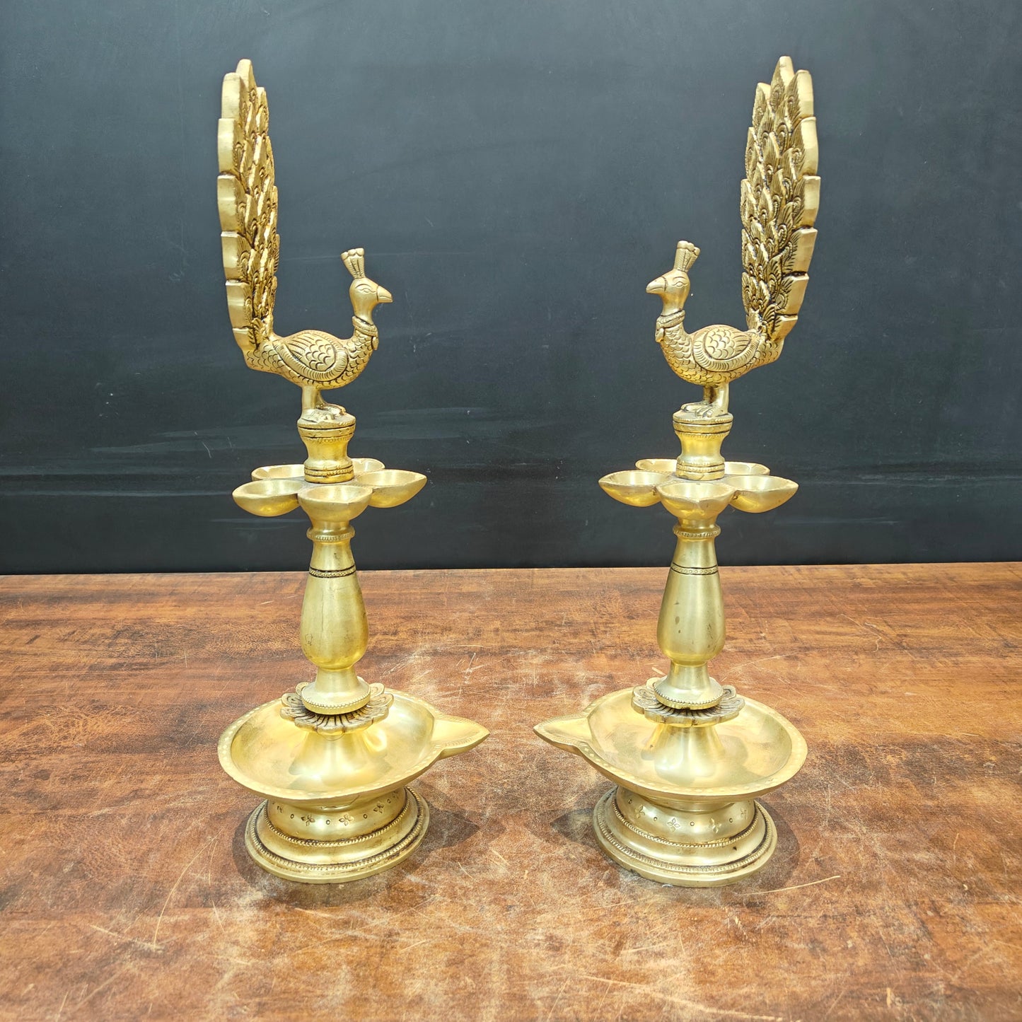 Brass Peacock Lamp Diya Pair Vilakku 17 Inches