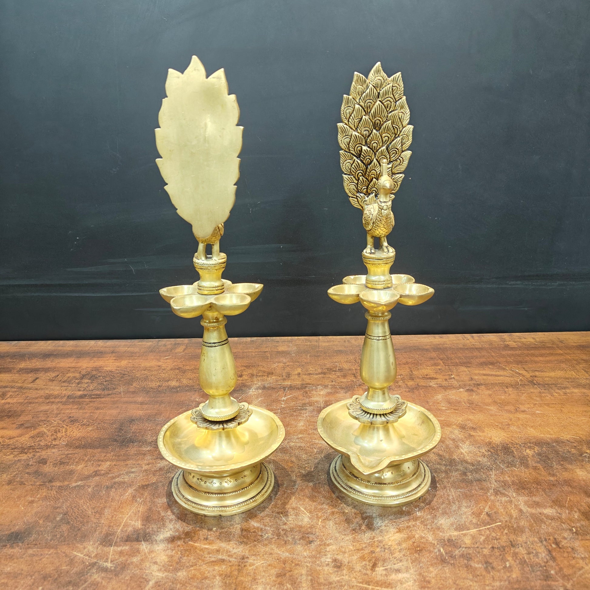 Brass Peacock Lamp Diya Pair Vilakku 17 Inches - Image 6