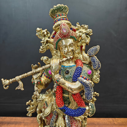 Brass Large Krishna Idol With Stone Work 30 Inches by vendor-unknown - Hindu Gods (View 2)