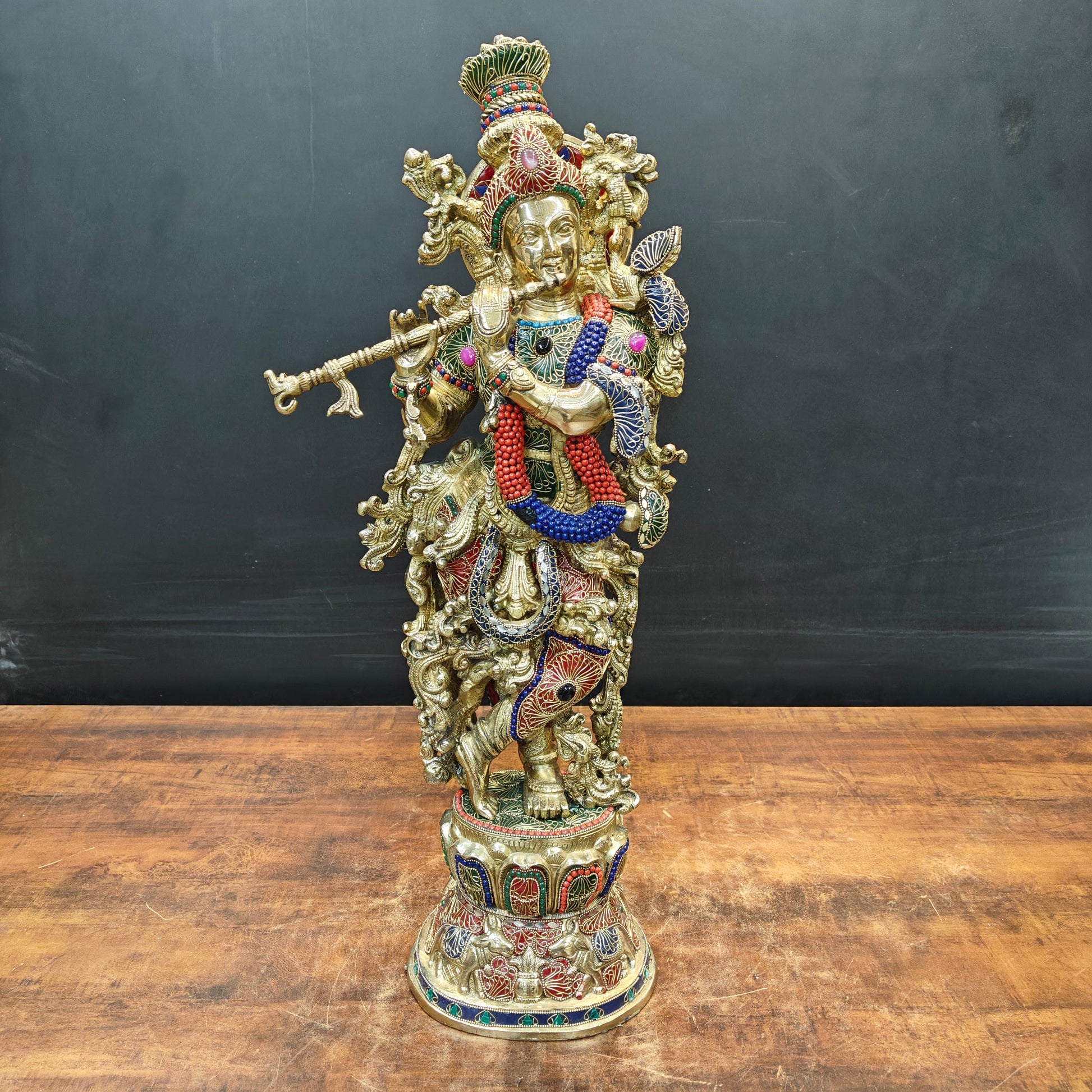 Brass Large Krishna Idol With Stone Work 30 Inches - Image 3