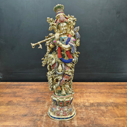 Brass Large Krishna Idol With Stone Work 30 Inches by vendor-unknown - Hindu Gods (View 3)