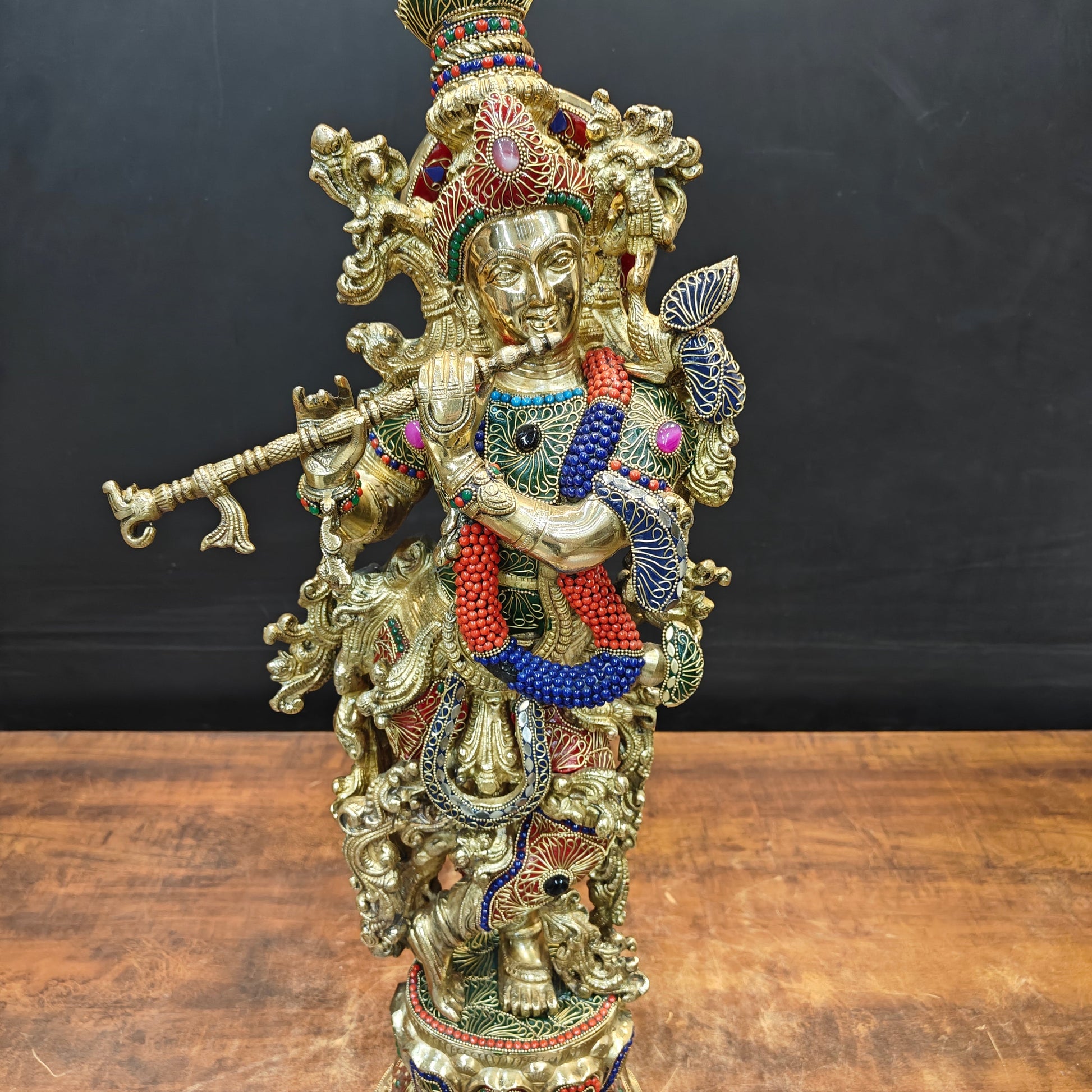 Brass Large Krishna Idol With Stone Work 30 Inches - Image 4