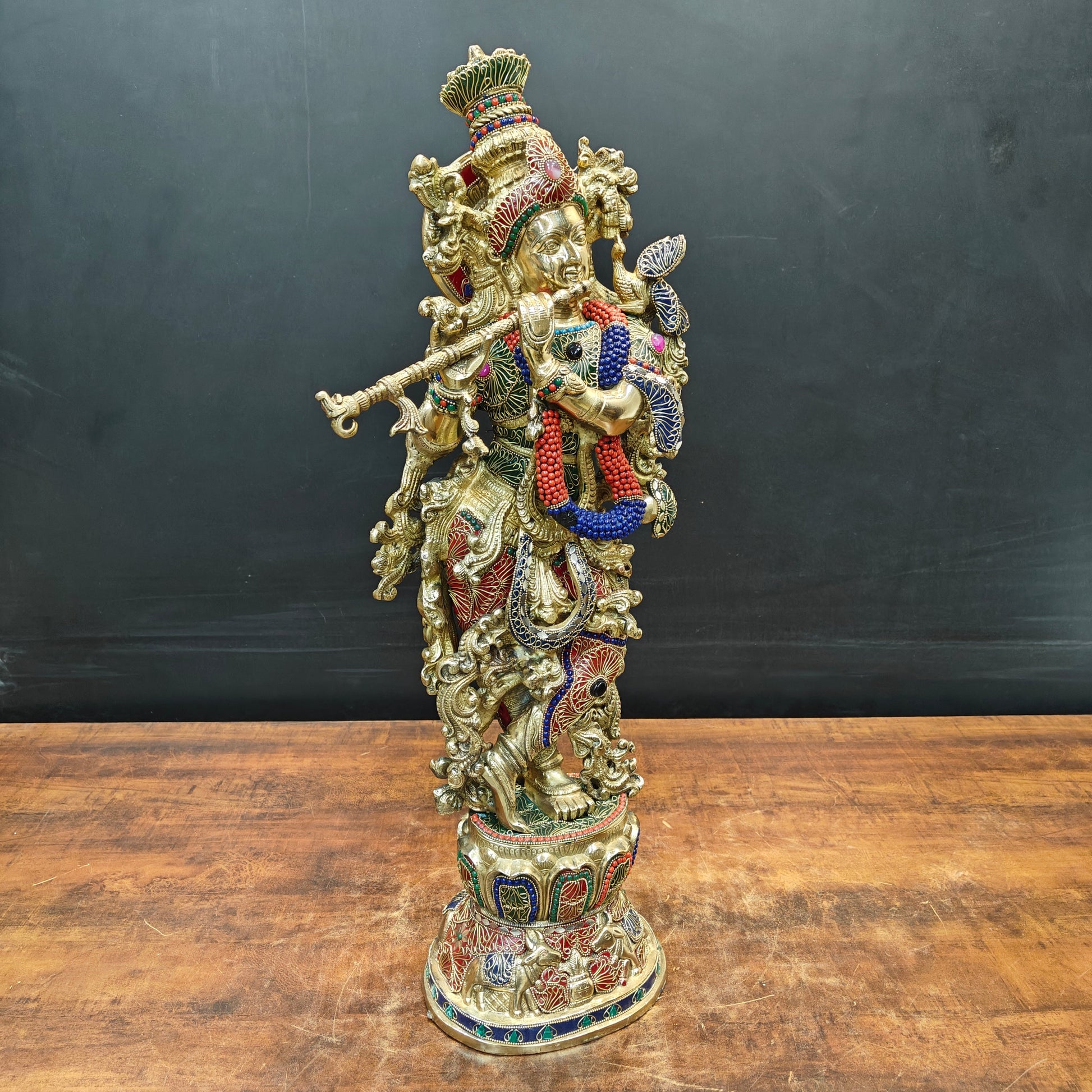 Brass Large Krishna Idol With Stone Work 30 Inches - Image 5