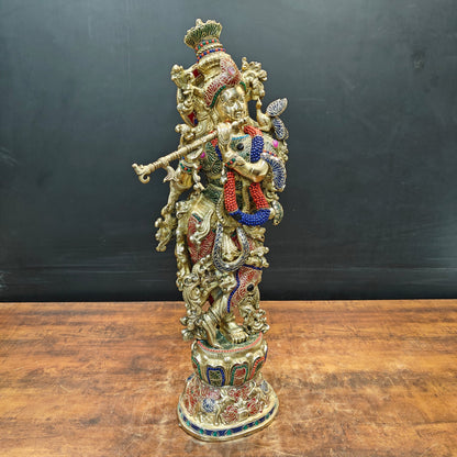 Brass Large Krishna Idol With Stone Work 30 Inches by vendor-unknown - Hindu Gods (View 5)
