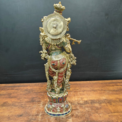 Brass Large Krishna Idol With Stone Work 30 Inches by vendor-unknown - Hindu Gods (View 7)
