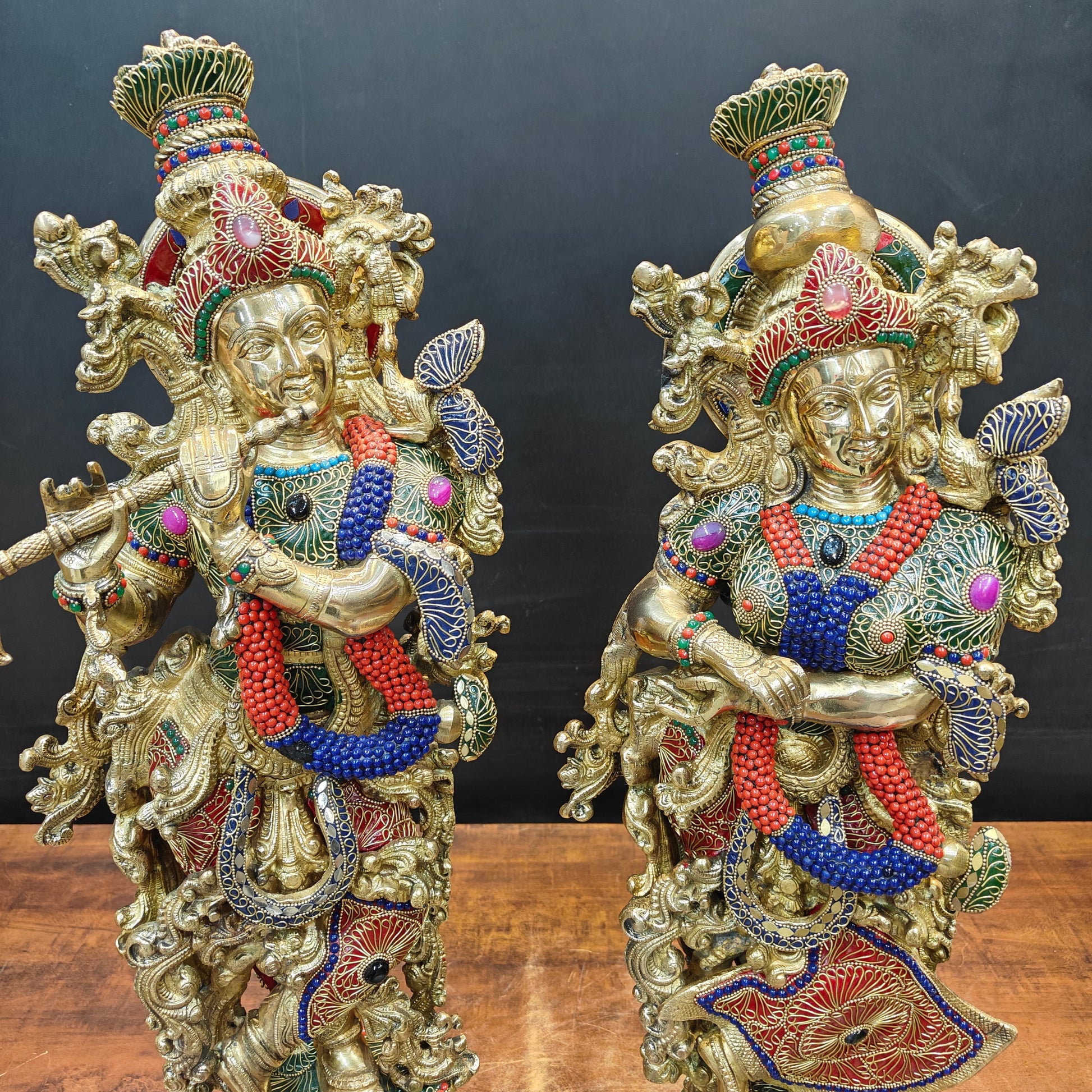 Brass Large Radha Krishna Idols With Stone Work 30 Inches - Image 2