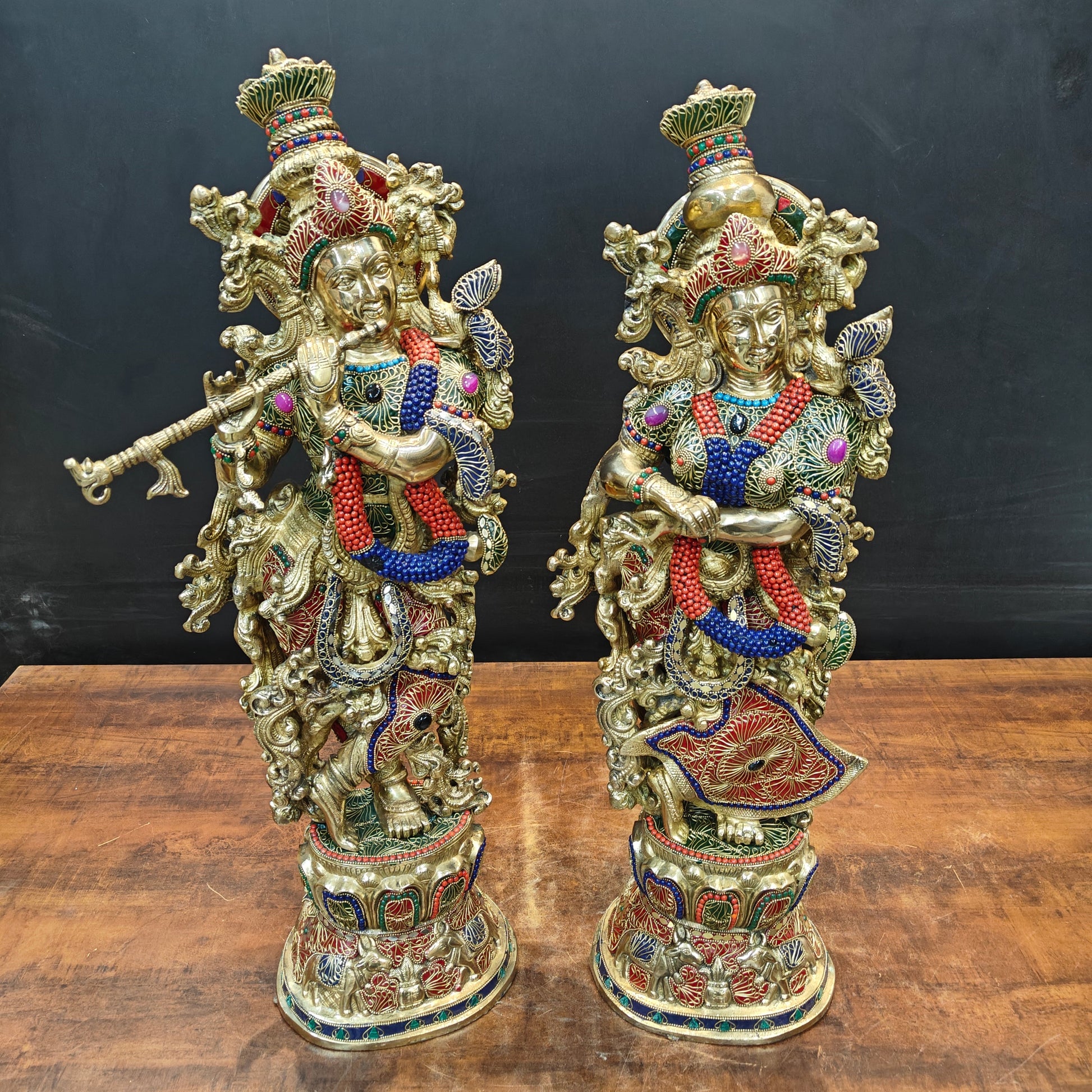 Brass Large Radha Krishna Idols With Stone Work 30 Inches - Image 3