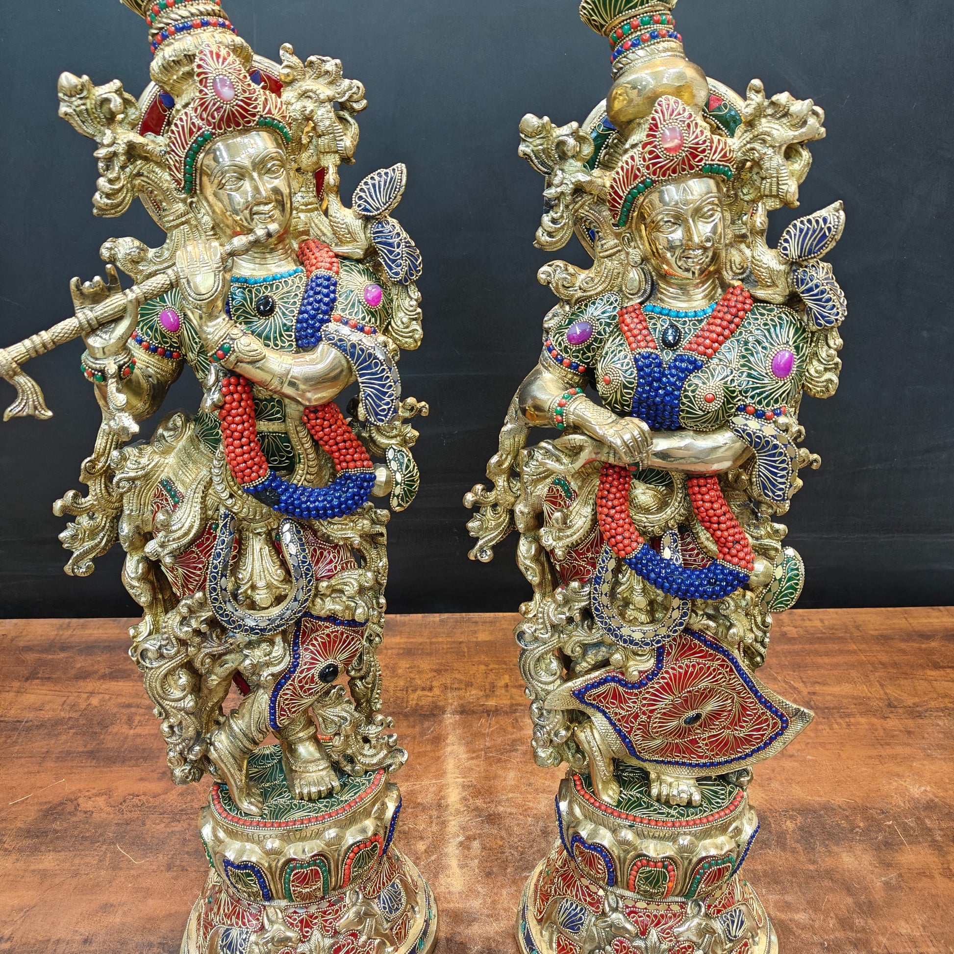 Brass Large Radha Krishna Idols With Stone Work 30 Inches - Image 4