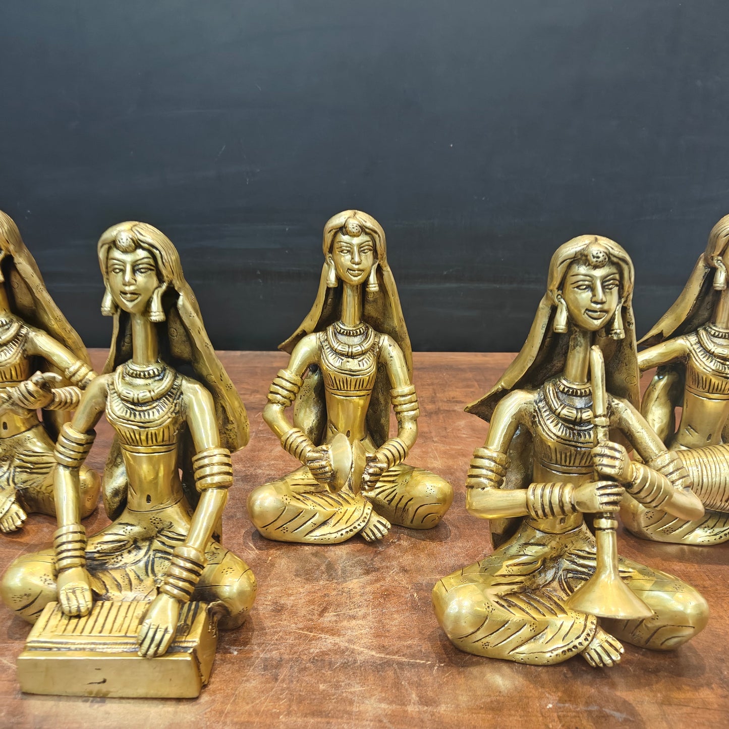 Brass Rajasthani Lady Musicians Set of 5 Showpieces 10 Inches