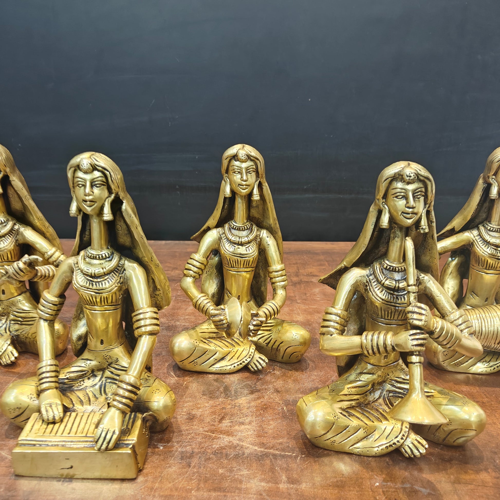 Brass Rajasthani Lady Musicians Set of 5 Showpieces 10 Inches - Image 2