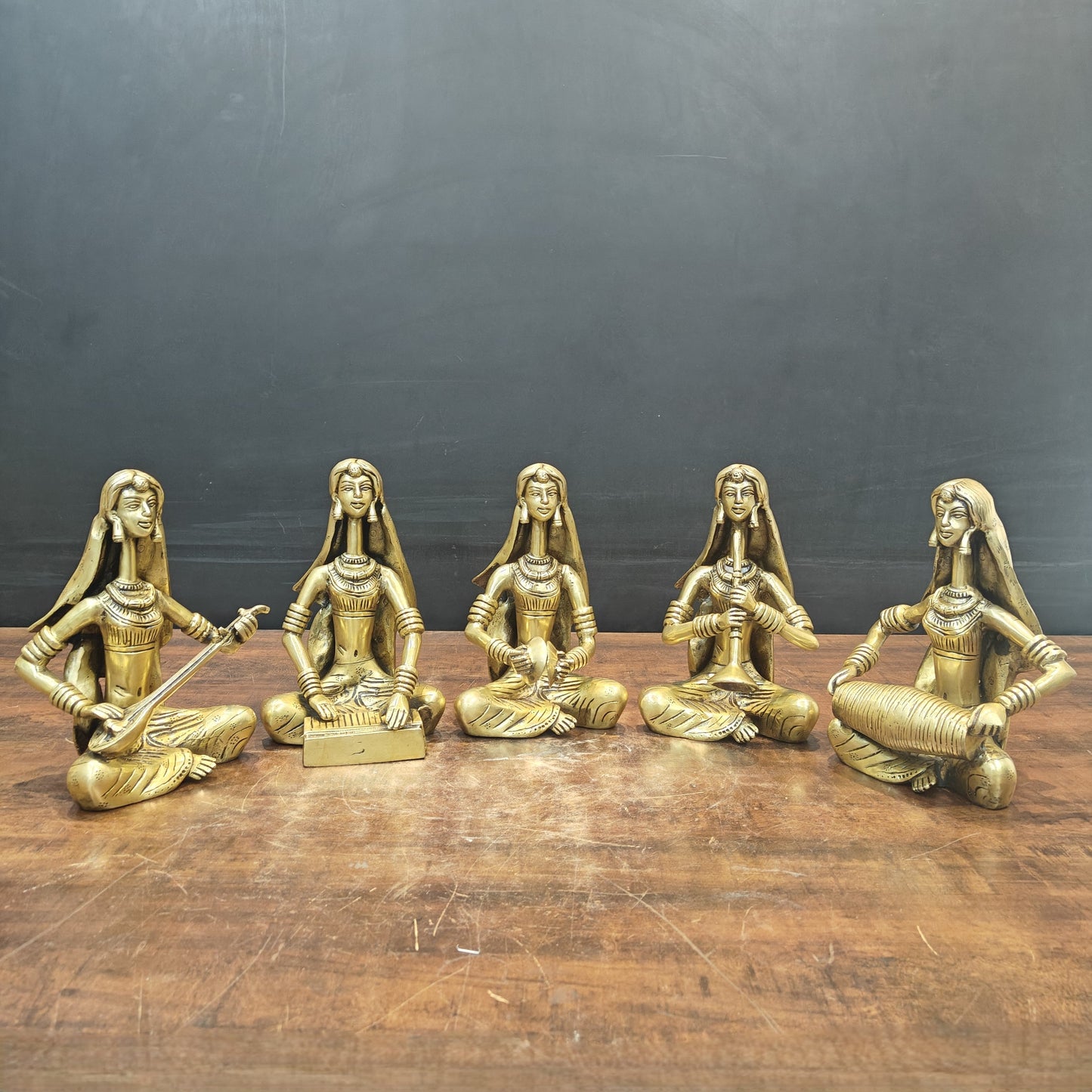 Brass Rajasthani Lady Musicians Set of 5 Showpieces 10 Inches