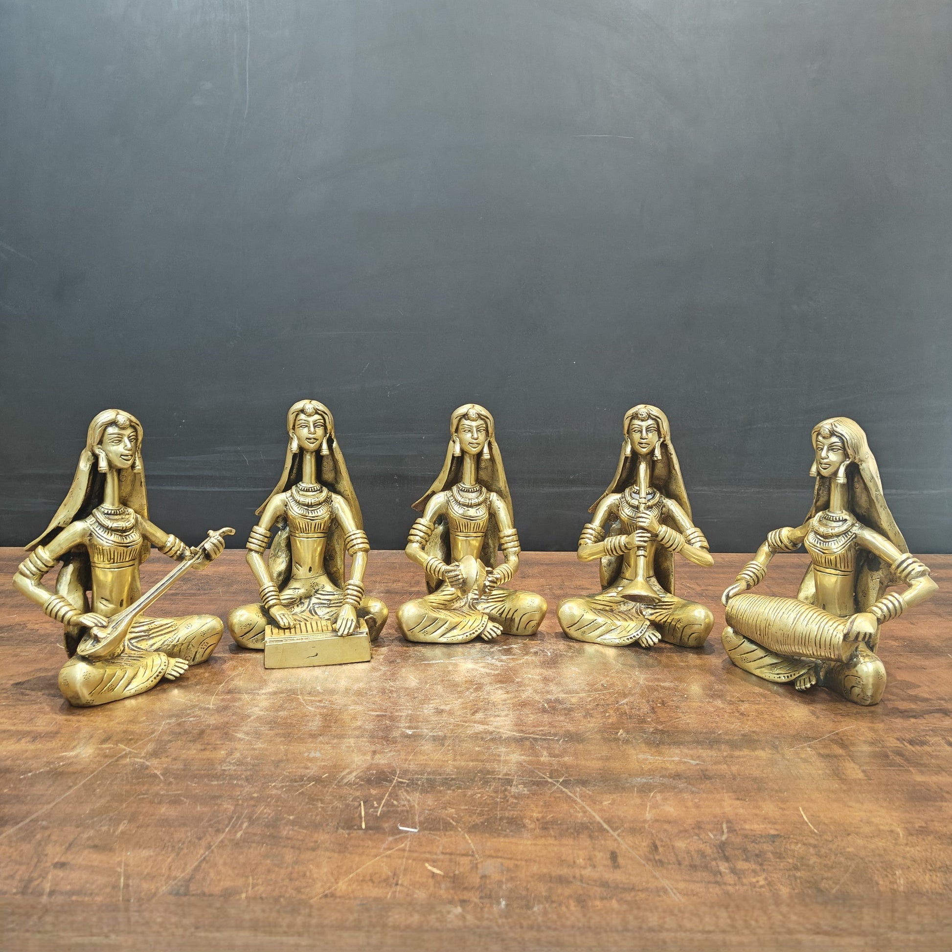 Brass Rajasthani Lady Musicians Set of 5 Showpieces 10 Inches - Image 3