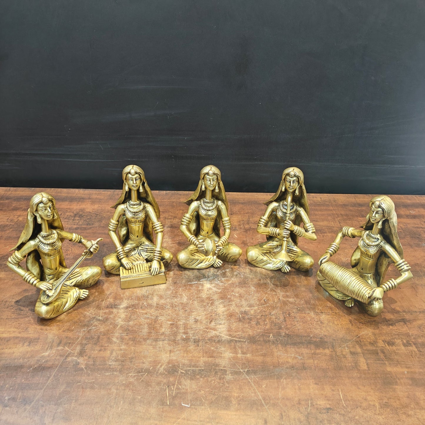 Brass Rajasthani Lady Musicians Set of 5 Showpieces 10 Inches