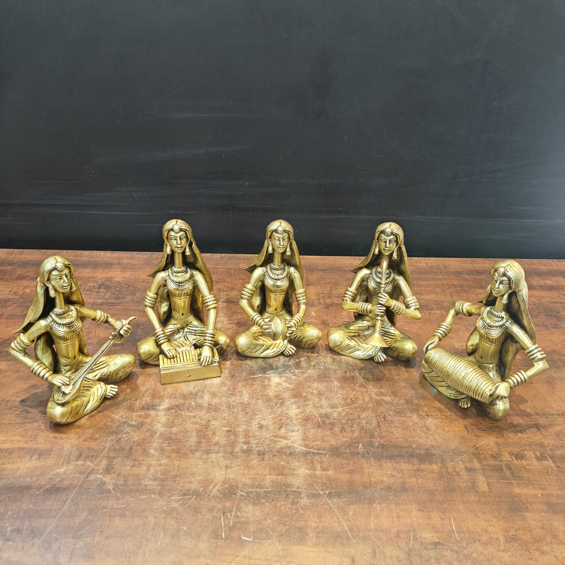 Brass Rajasthani Lady Musicians Set of 5 Showpieces 10 Inches - Image 4