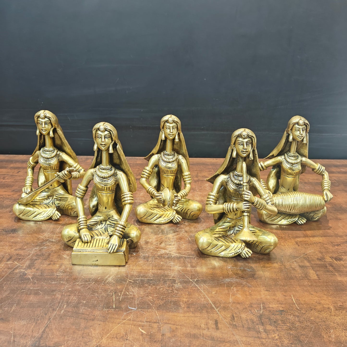 Brass Rajasthani Lady Musicians Set of 5 Showpieces 10 Inches
