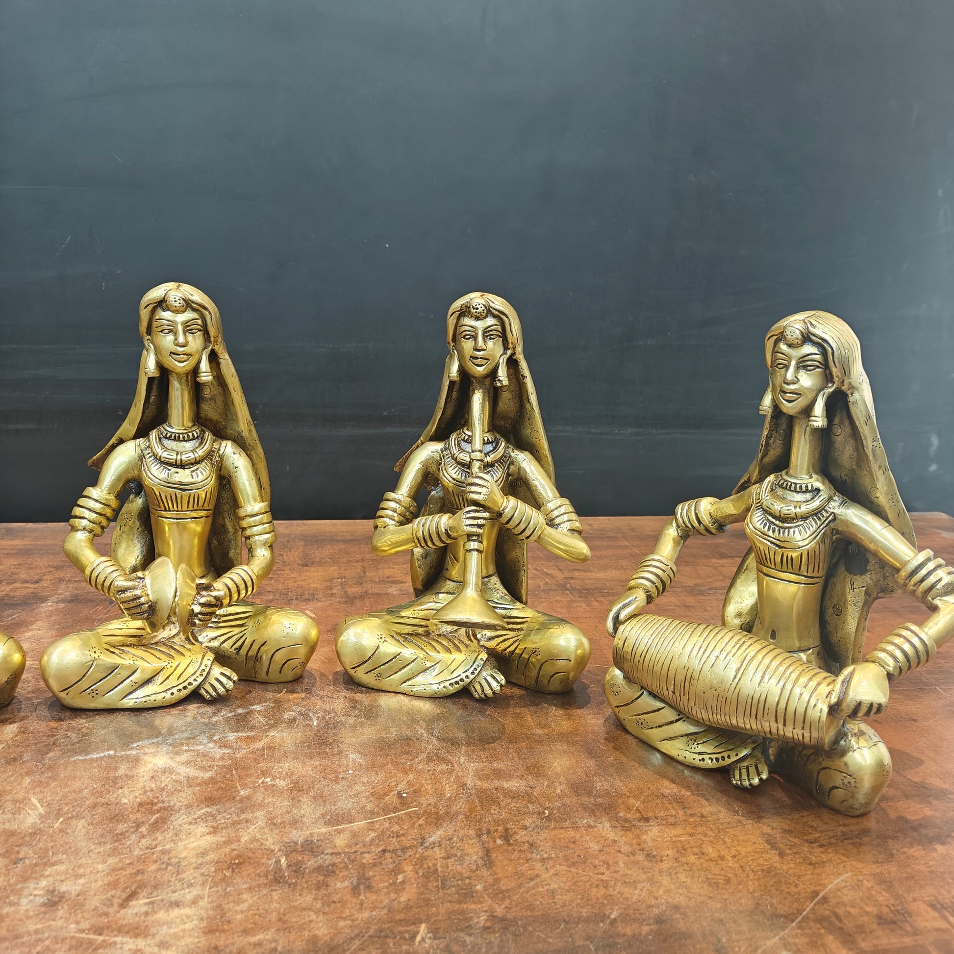 Brass Rajasthani Lady Musicians Set of 5 Showpieces 10 Inches - Image 7