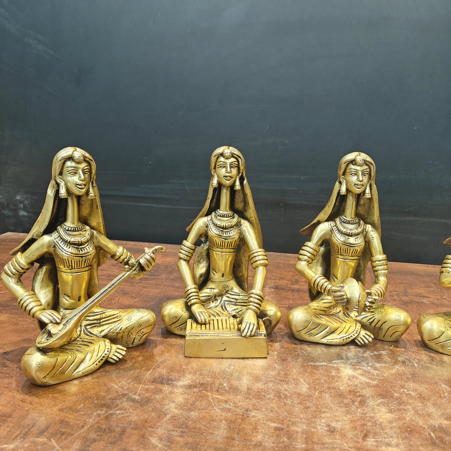 Brass Rajasthani Lady Musicians Set of 5 Showpieces 10 Inches