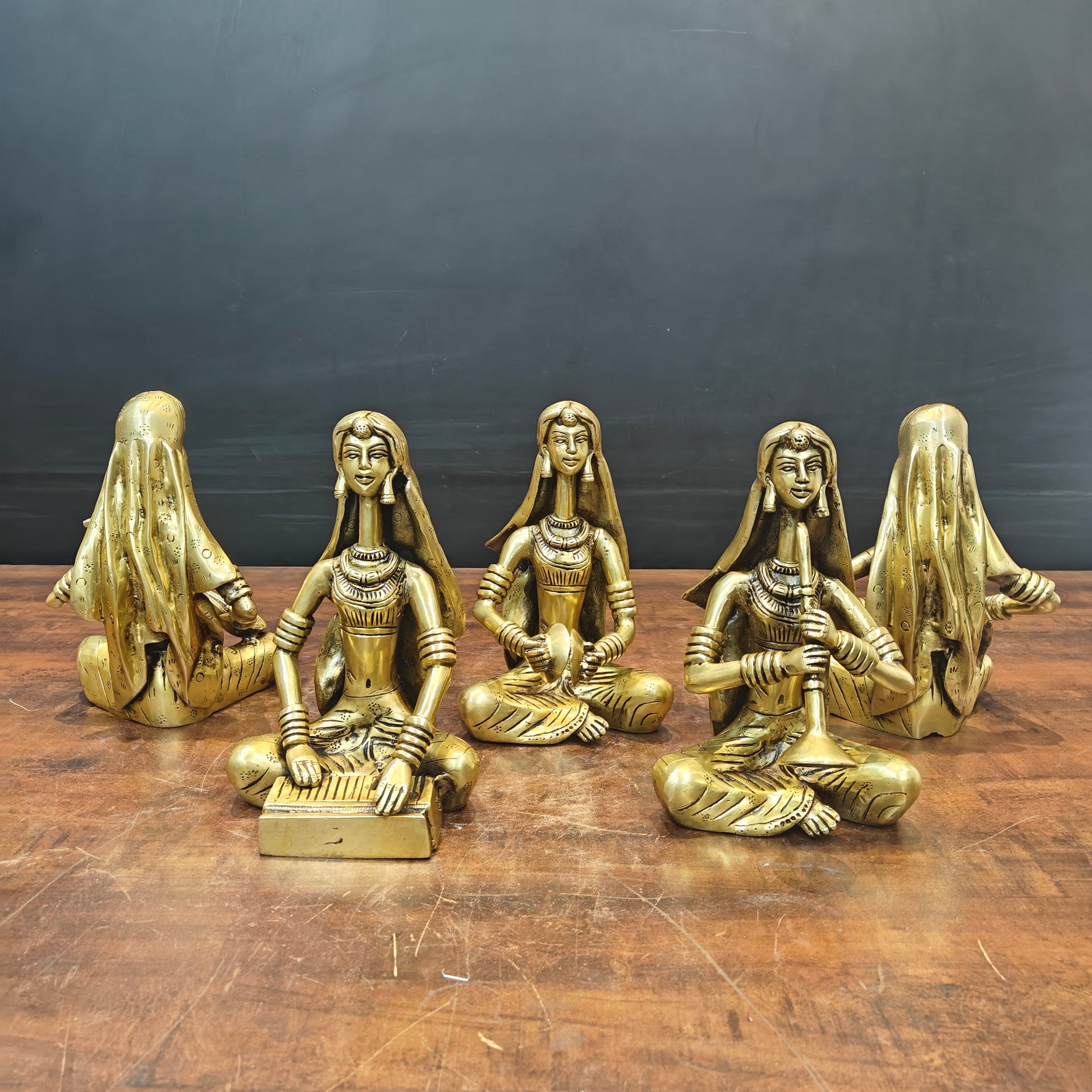 Brass Rajasthani Lady Musicians Set of 5 Showpieces 10 Inches - Image 9