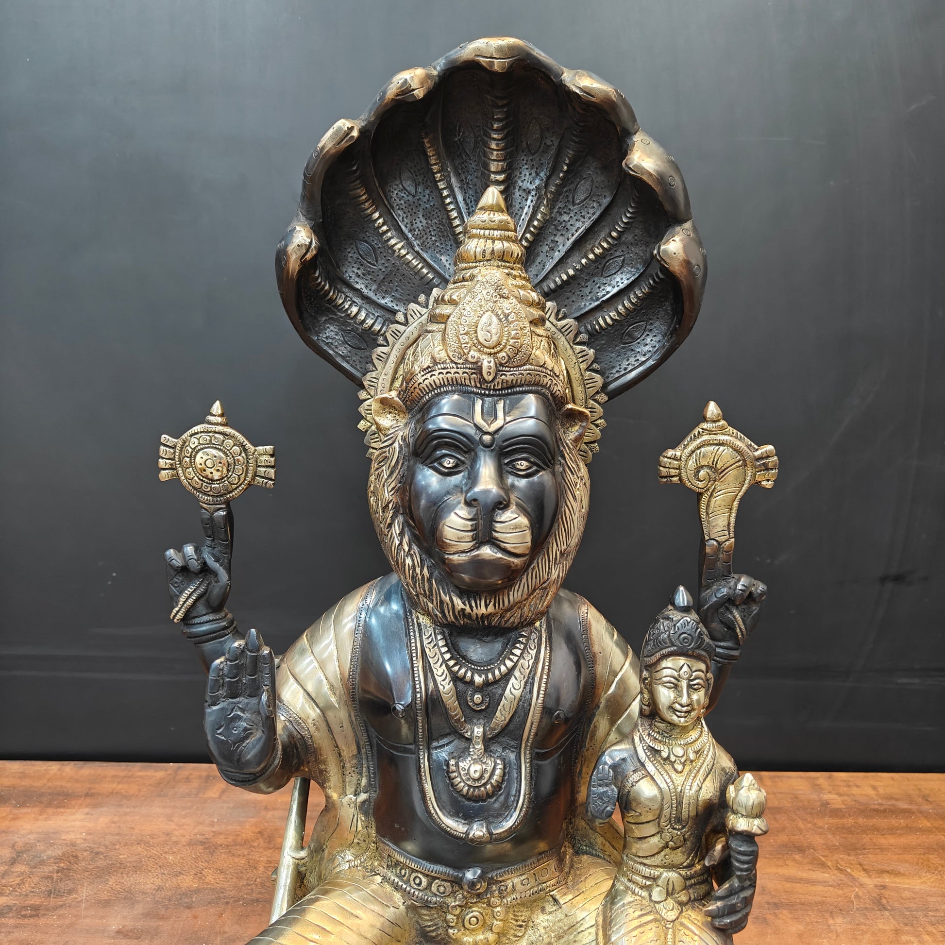 Brass Large Narasimha Lakshmi Idols Black Patina Finish 2 Feet - Image 2