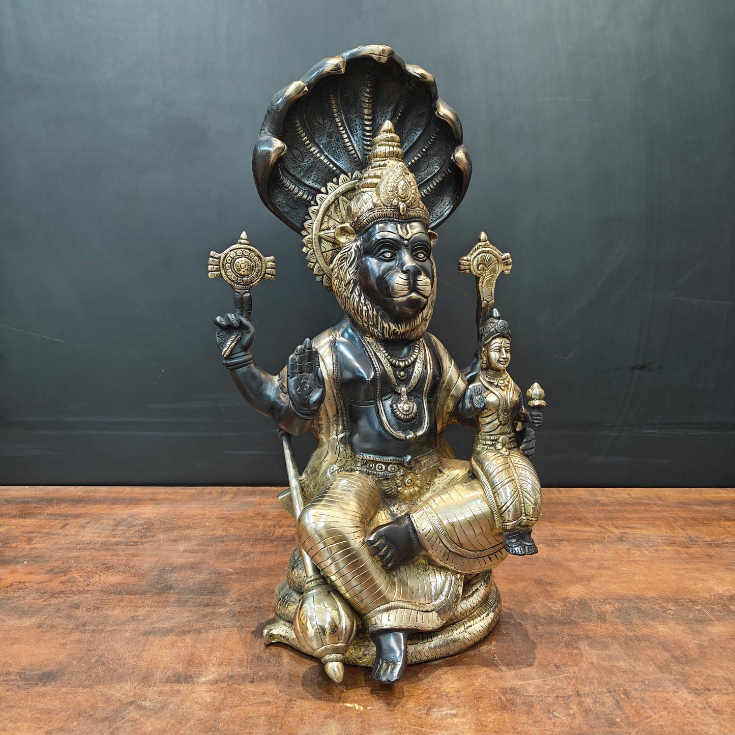 Brass Large Narasimha Lakshmi Idols Black Patina Finish 2 Feet