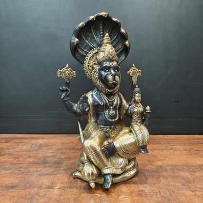 Brass Large Narasimha Lakshmi Idols Black Patina Finish 2 Feet by vendor-unknown - Hindu Gods (View 3)