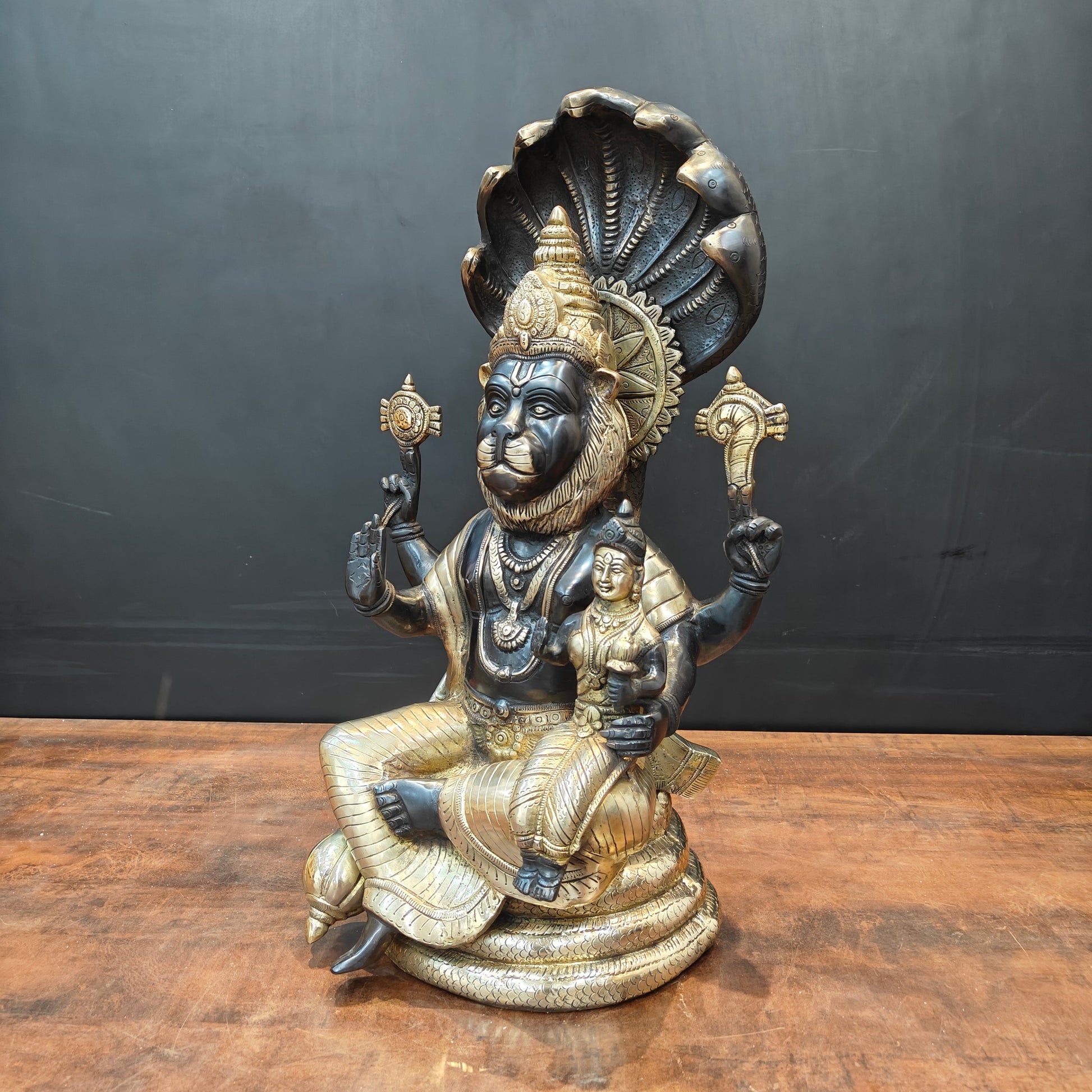 Brass Large Narasimha Lakshmi Idols Black Patina Finish 2 Feet - Image 4