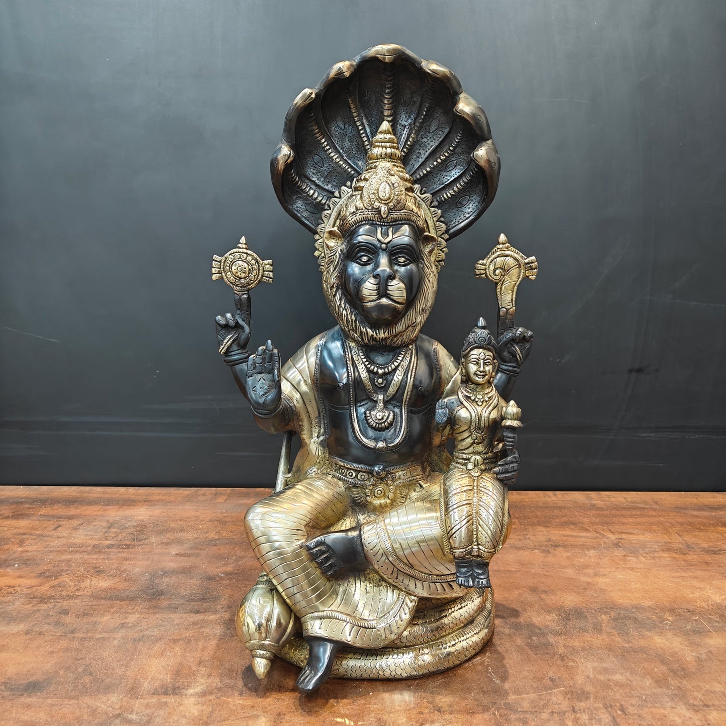 Brass Large Narasimha Lakshmi Idols Black Patina Finish 2 Feet