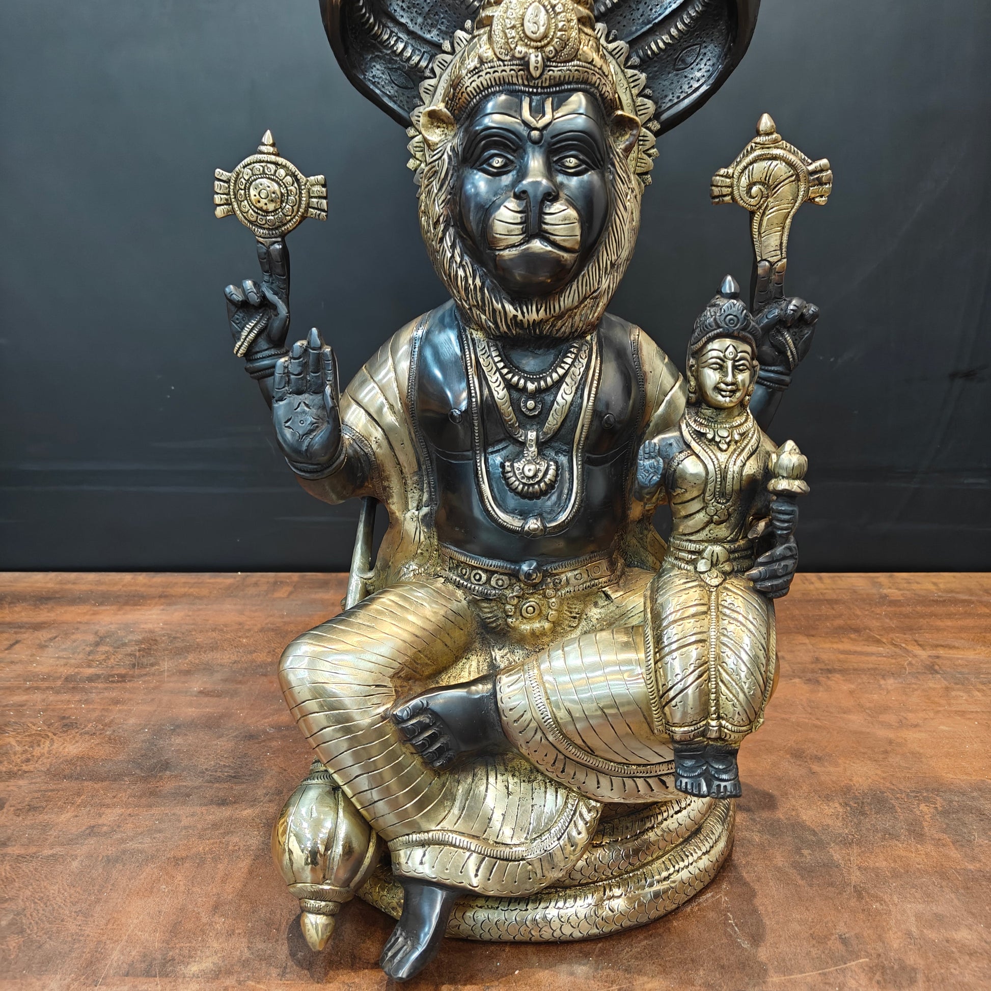 Brass Large Narasimha Lakshmi Idols Black Patina Finish 2 Feet - Image 6